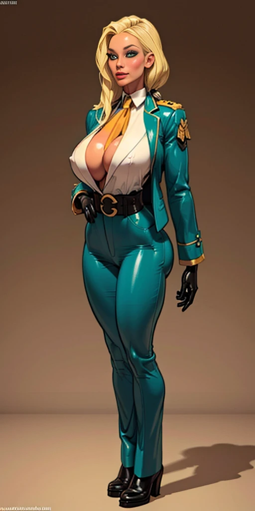  young adult girl, Tall stature, little chest, closed mouth, Slavic appearance: Green eyes; blond hair; sharp facial features; dimple on the chin; Straight nose; high nose; pronounced high cheekbones; high forehead, stands upright, (gigantic :1.4), detailed face, military uniform:  double-breastecoat; pants, Full-length painting, leather gloves