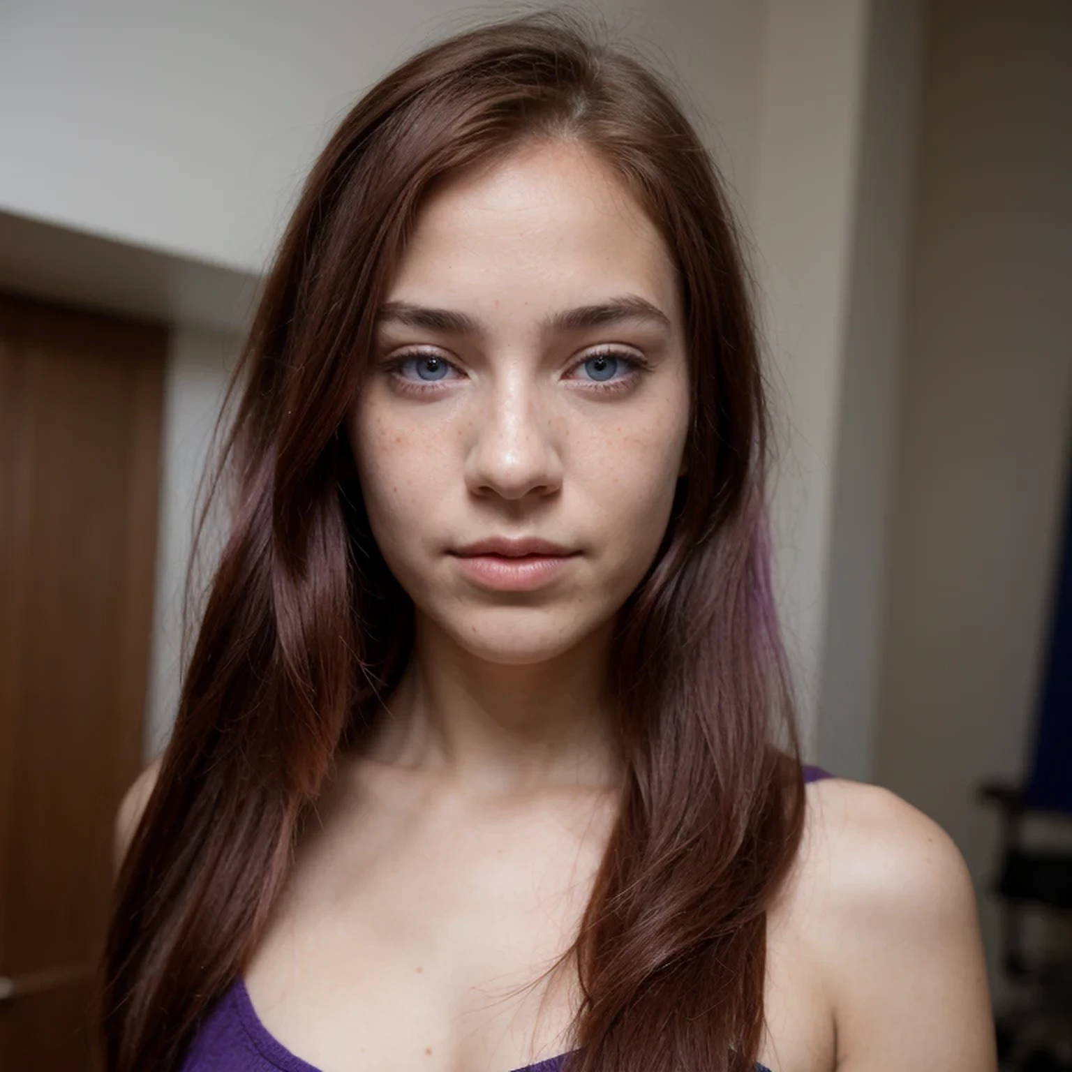 photo of a college student,, in Purple Pink, Linen coarse cloth, (freckles:0.8) Blush,cute face, sci-fi, dystopian, detailed eyes, cobalt blue eyes((Looking up))Shy,Wine red gradient hair