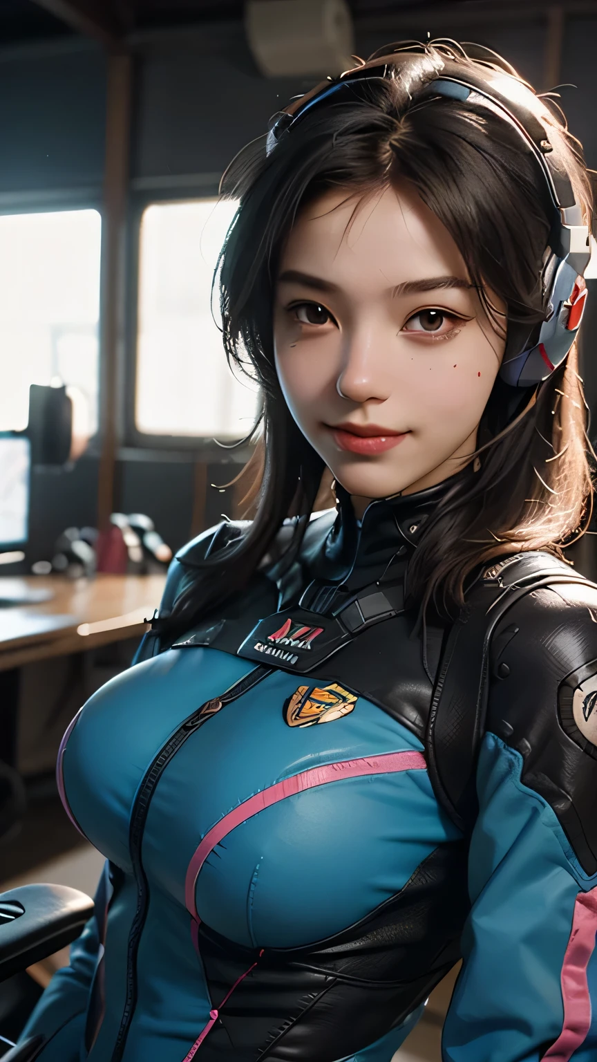 (best quality, masterpiece:1.2, photo realistic:1.4), raw photo, ultra high res, portrait, professional photograph, 8k wallpaper, HDR, perfect artwork, photon mapping, realistic shadow, detailed skin texture, film grain, depth of field, natural shading, (intricate details:1.2), 85mm, f/1.4, ISO 200, 1/160s:0.75,  lens flare, sharp picture,
1girl, korean, teenage, smile, medium breasts, pink markings on face, xdva, d.va (overwatch), pilot suit, bodysuit, skin tight, pink headset, holding phone, selfie, camera, flash,  full body
gaming arena, gaming competition, gaming chair, Championship,Applause, highly detailed background, public, spectators,  