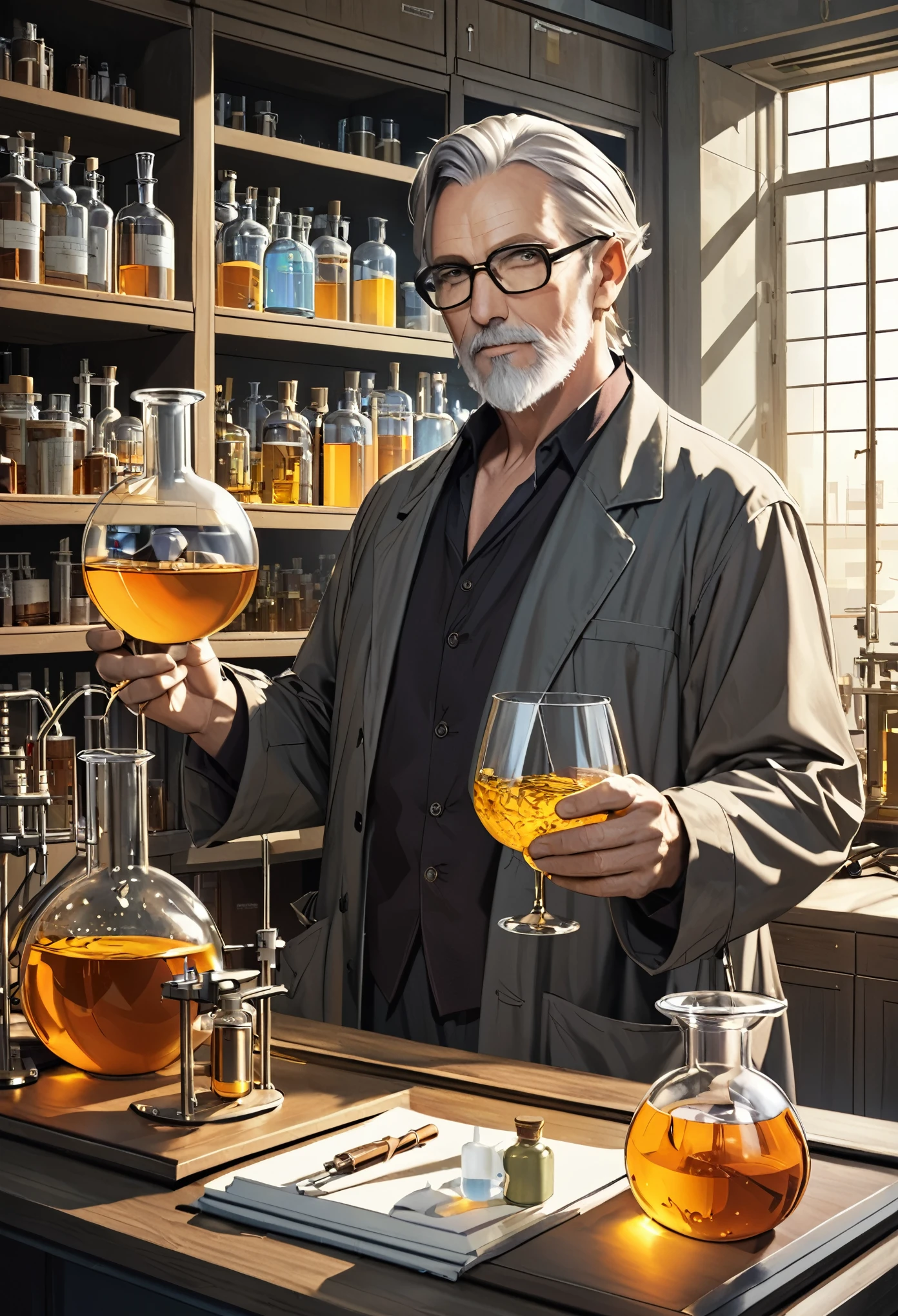 A man in his fifties holding a glass of liquid in a laboratory, He is in the alchemist&#39;s laboratory, mad Scientist working, portrait of a rat mad Scientist, Poetic sequence. clean, Laboratory Experiments, elite Scientist, Male Hydromancer portrait, Scientist, In the underground laboratory, A fox-like man in a white coat, Molecular