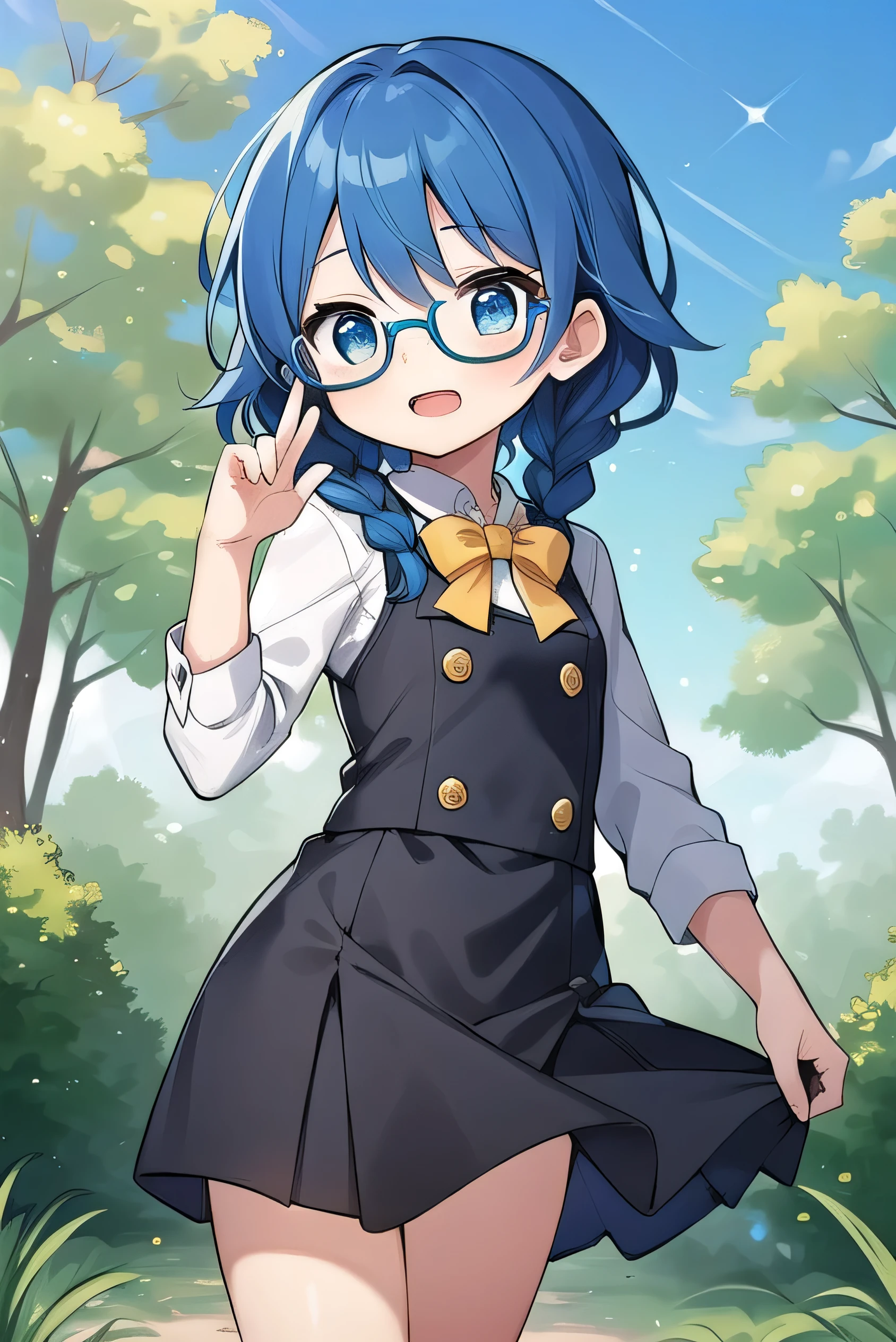small breasted girl, short, , blue hair, fishtail braid, blue eyes, round eyes, shy, shy, , short, young face, short height, , glasses with no edges,flat chest,evening, sky, in the forest,Beam with laughter
