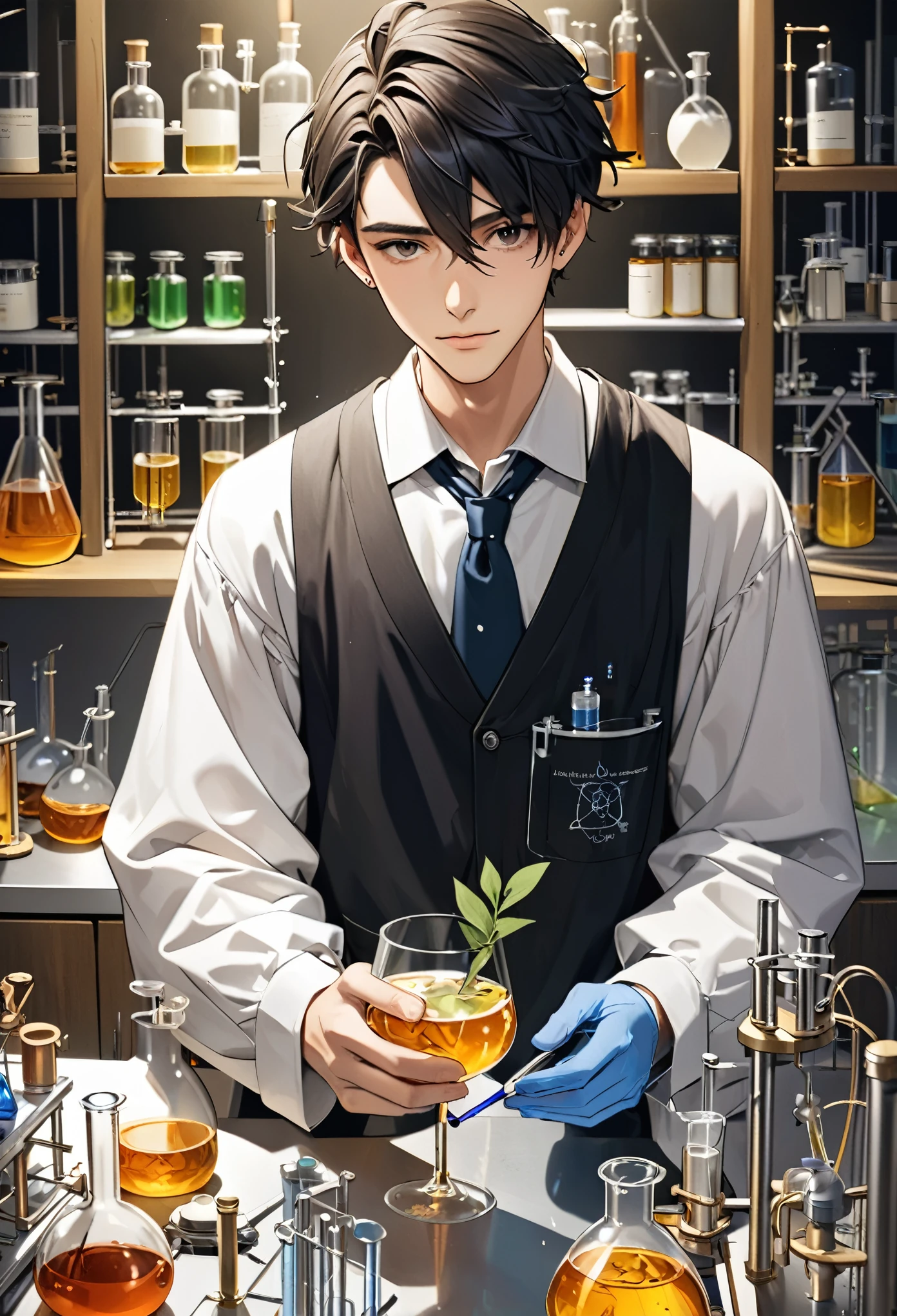 A 20-year-old man holding a glass of liquid in a laboratory, Young Researchers, He is in the alchemist&#39;s laboratory, mad Scientist working, portrait of a rat mad Scientist, Poetic sequence. clean, Laboratory Experiments, elite Scientist, Male Hydromancer portrait, Scientist, In the underground laboratory, A fox-like man in a white coat, Molecular