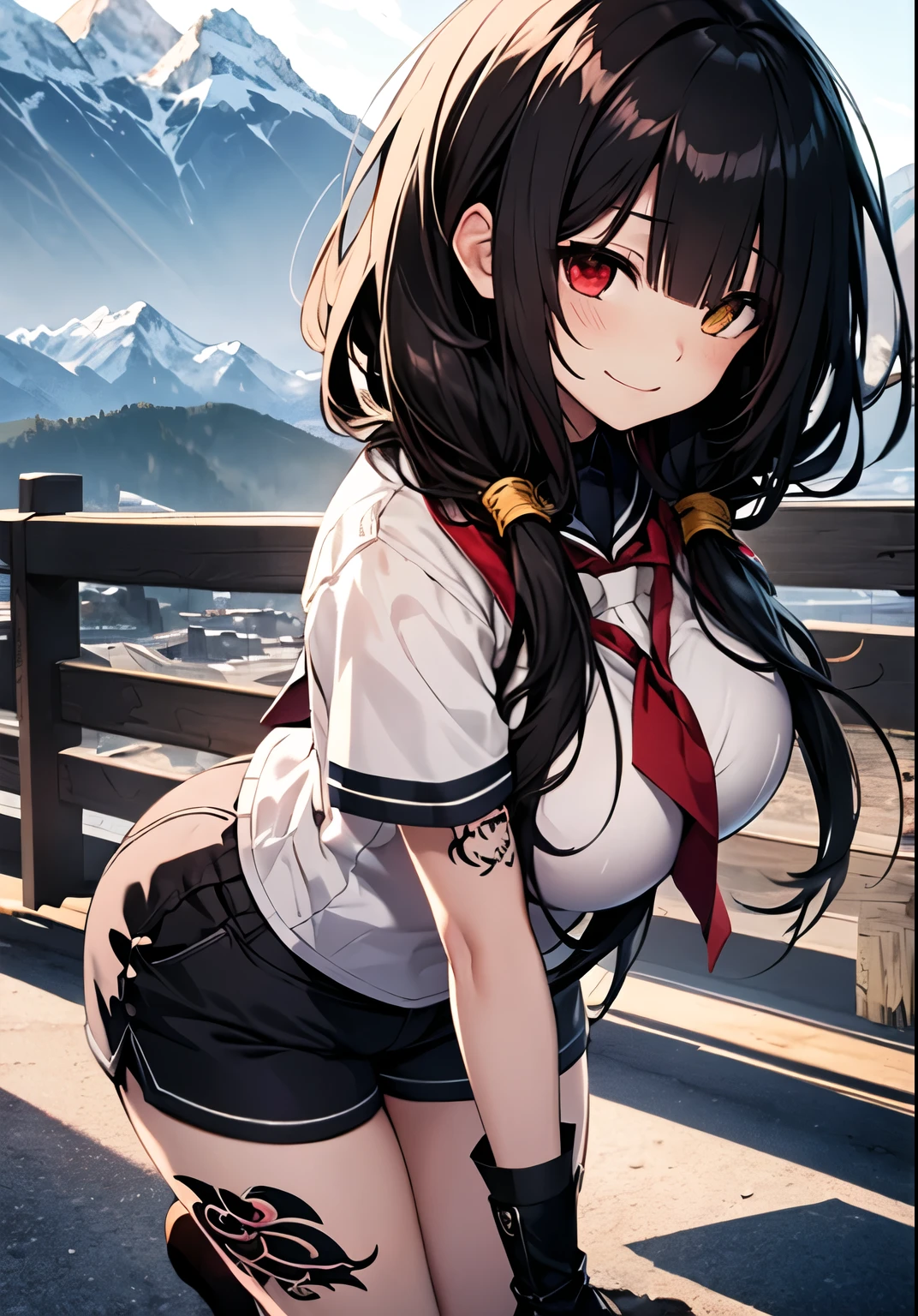 Masterpiece, high quality, ultra quality, best lighting, 1girl, ((tokisaki kurumi)), long hair, black hair, low twintails, monochrome, ((right red eye:1, left yellow eye:1)), black , ((black school uniform)), ((short pants)), ((big breast)), ((big thigh)), smile, blush, cute face, ((gesugao face)), standing, sexy body, sexy, tattooed full body, tattooed face, (((tattooed))),looking at viewer, large the breast, nsfw, (((mountain)))