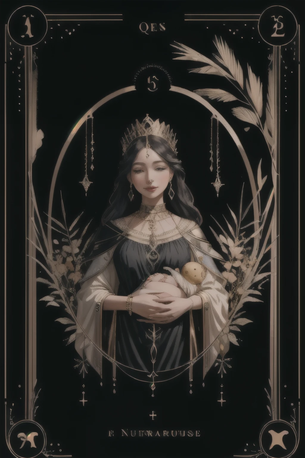 (highest quality, masterpiece), (Tarot, Tarot card,:1.1)  Queen: A nurturing figure surrounded by symbols of abundance and fertility. Painting a woman in a lush garden, Exudes maternal energy、surrounded by nature.,  Black background, Golden, Upper Body, gold frame 