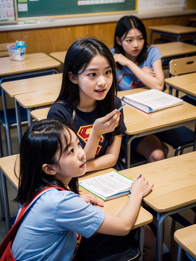 (7 superwoman:1.3)、go out、go to school、bag、(Elementary classes:1.3)、Female teacher on the podium、All students seated、Textbooks on the table、Super girl listening attentively to the teacher's lecture、Supergirl stands out among ordinary primary