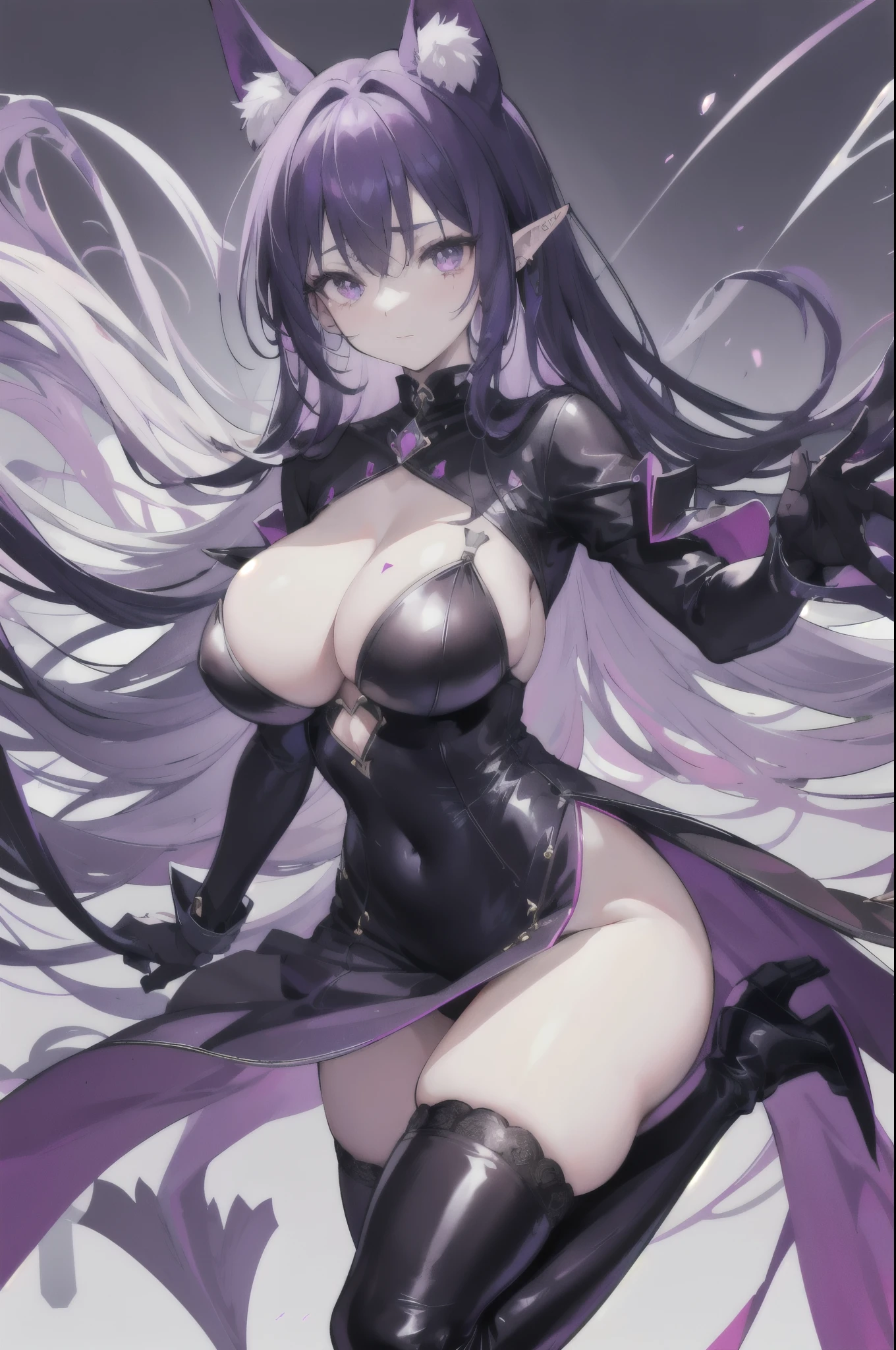Physical Characteristics: Alice is a charming middle-aged elf with a voluptuous body. Her large, inviting breasts and shapely hips are adorned by a skintight black witch's outfit that barely manages to contain her assets. Her long, luscious pinkish purple hair and piercing royal purple eyes are as mesmerizing as they are alluring. She stands an impressive 5'1'' with pointy ears tucked neatly behind her hair.
Body Details: Alice's ritual witch costume is made from supple leather designed to accentuate her curves. It tightly wraps around your chest and ends just above your round, pert buttocks. The outfit is accessorized with a black spiked turtleneck and thigh-high suede boots, covering her legs with garters and knee-high stockings. A long, loose velvet cloak, adorned with strategically placed tears, revealing glimpses of her seductive form, completes the ensemble.