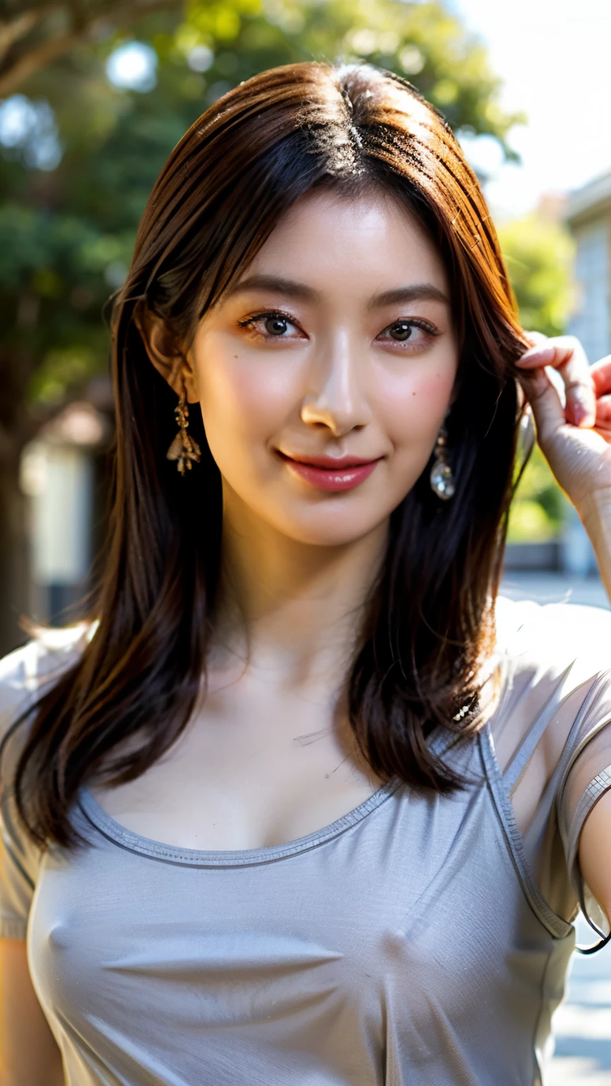 (masterpiece, best quality:1.4), (realistic, photo realistic:1.4), 8k, RAW photo, high resolution, intricate details, extremely detailed,
professional lighting, physically-based rendering,
extremely detailed eyes and face, eyes with beautiful details, (face_focus, facing straight towards the camera, looking at viewer:1.5),
solo, 1girl, Japanese idol ,Japanese actress,
(slender, flat chest, tiny breasts), (tight fit, sheer t-shirt, collarbone, covered nipples), photo background, outdoors,,