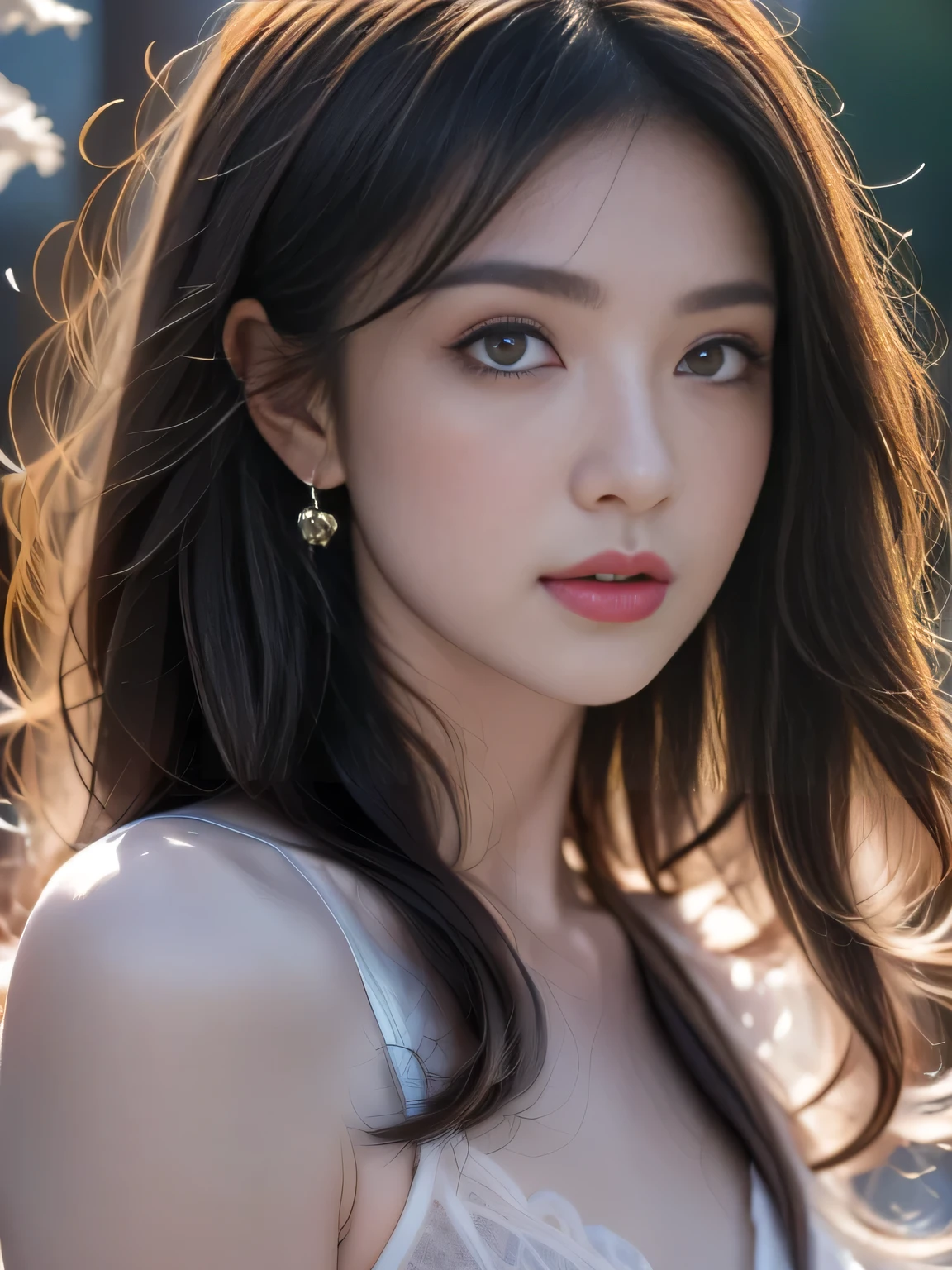 Hair shaking, victory, Long eyelashes, Solid round eye, A faint smile, ears red, direction, Surrealism, shadow, Relief, Stereogram, Standing picture, View, Atmospheric perspective, 8k, Super Detail, precise, best quality, The award-winning, Super Detail, Ultra HD, Retina, Anatomically correct, High Detail, best quality, high resolution, high quality, textured skin, masterpiece, precise,(Full body portrait:1.5)(Black:1.5)8k, original photo, Fujifilm, Stylized photo of a beautiful 45-year-old woman, direction face, There is a red rose on the neck, Wearing a black lace dress with red, Gold earrings, As powerful as a spinning dove, (Skin is very delicate: 1.2), Light brown medium hair, Film Grain, 35 mm, Cute style