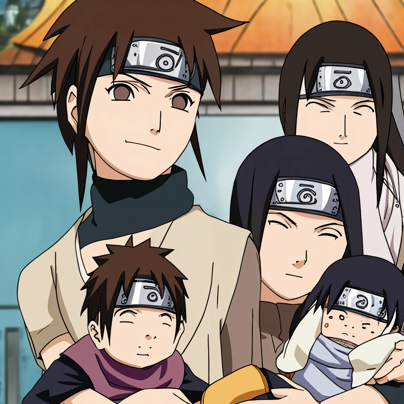 In the style of Naruto, a brunette older woman (mid 20s) holding a small brunette baby.