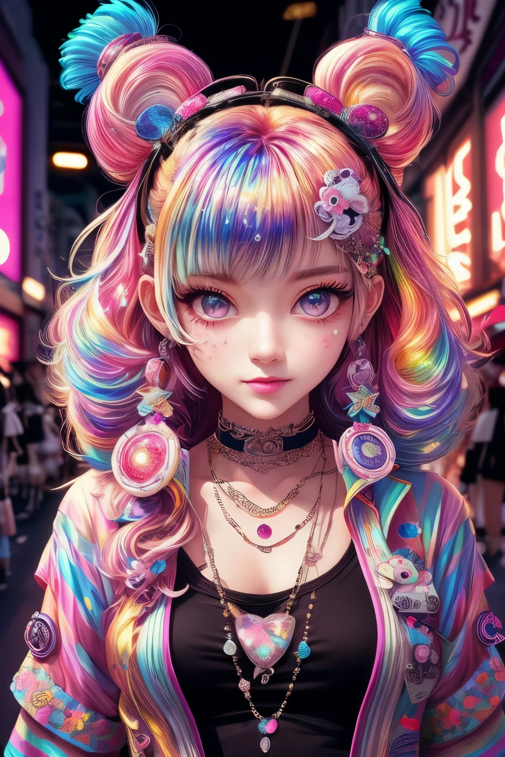 This is a colorful and ornate (masterpiece). Generate a trendy decora woman in the colorful and busy streets of Akihabara, Tokyo. Generate a lovely decora adult woman in the style of Olya Anufrieva on Artstation and Harajuku street fashion. Her clothes are vibrant in the Harajuku style. Include oversized accessories, neon colors, and inventive layering. The woman's clothes and accessories should be highly ornate in the ((((Harajuku decora)))) and decora kei style.  The woman's hair is curly and glossy and styled cutely. The woman's clothes and accessories should be highly ornate in the Harajuku decora and decora kei style. Her eyes are important and stunning, with interesting coloring and patterns. ((((iridescence and shimmer)))), glitter, best eyes, best quality, cyberpunk kei, visual kei, selfie, bold colors and patterns, LED lights, ((glowing neon signs)), ((ultra detailed)), dynamic composition, (((decora)))