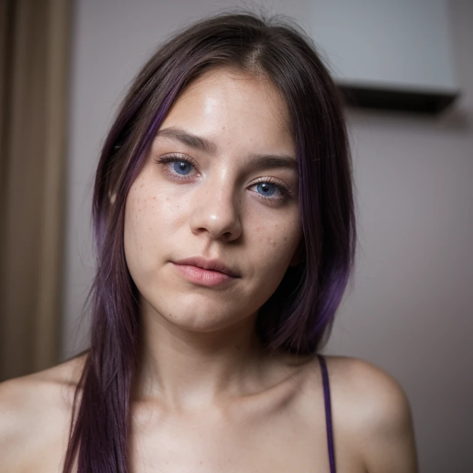 photo of a college student,16 years old, in Purple Pink, Linen coarse cloth, (freckles:0.8) Blush,cute face, sci-fi, dystopian, detailed eyes, cobalt blue eyes((Looking up))Shy,Wine Purple powder gradient hair