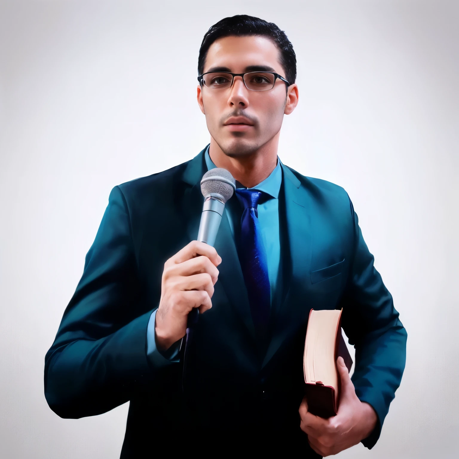 Man in a suit holding a microphone and the Bible, david rios ferreira, Pete Morbacher, by Jesús Mari Lazkano, by Alexander Obregón, Ignatius Fernandez Rios, Christian Orrillo, por Juan Carlos Stekelman, André Rios, Rafael Personaz, Ignatius Fernandez Rios