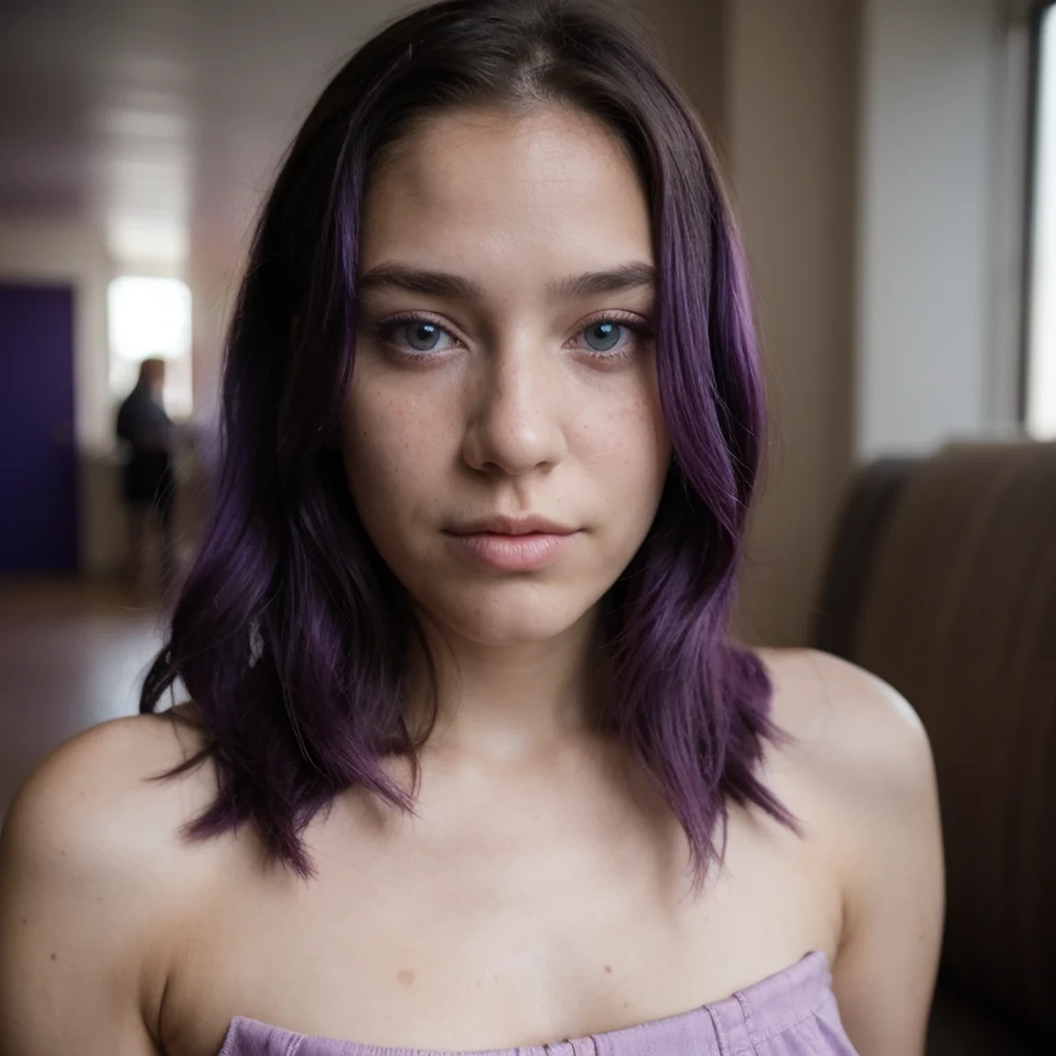 photo of a college student，************, in Purple Pink, Linen coarse cloth, (freckles:0.8) Blush，cute face, sci-fi, dystopian, detailed eyes, cobalt blue eyes（（Looking up））Shy，Wine Purple powder gradient hair