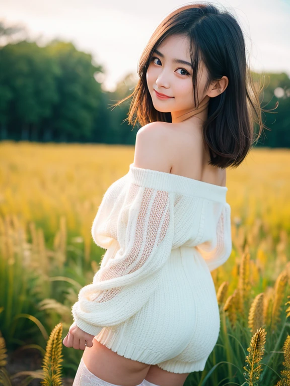 ((Whole body 1.4)),Shot from behind、,masterpiece, highest quality, RAW Photos, 8k, Highly detailed face, One girl, close, Beautifully detailed skin, Backlight, Soft Light, Shy, (Backwards 1.2), Face facing the viewer、Smile, open your mouth to say something, Illuminate, Anatomically correct, short hair, Windblown Hair, Eyes and facial details, Textured skin, Professional photography, Bokeh, Portraiture, Professional Lighting, alone, cute, Girlish, Film Grain, Off the shoulder、tight shorts、Knee socks、field、flower