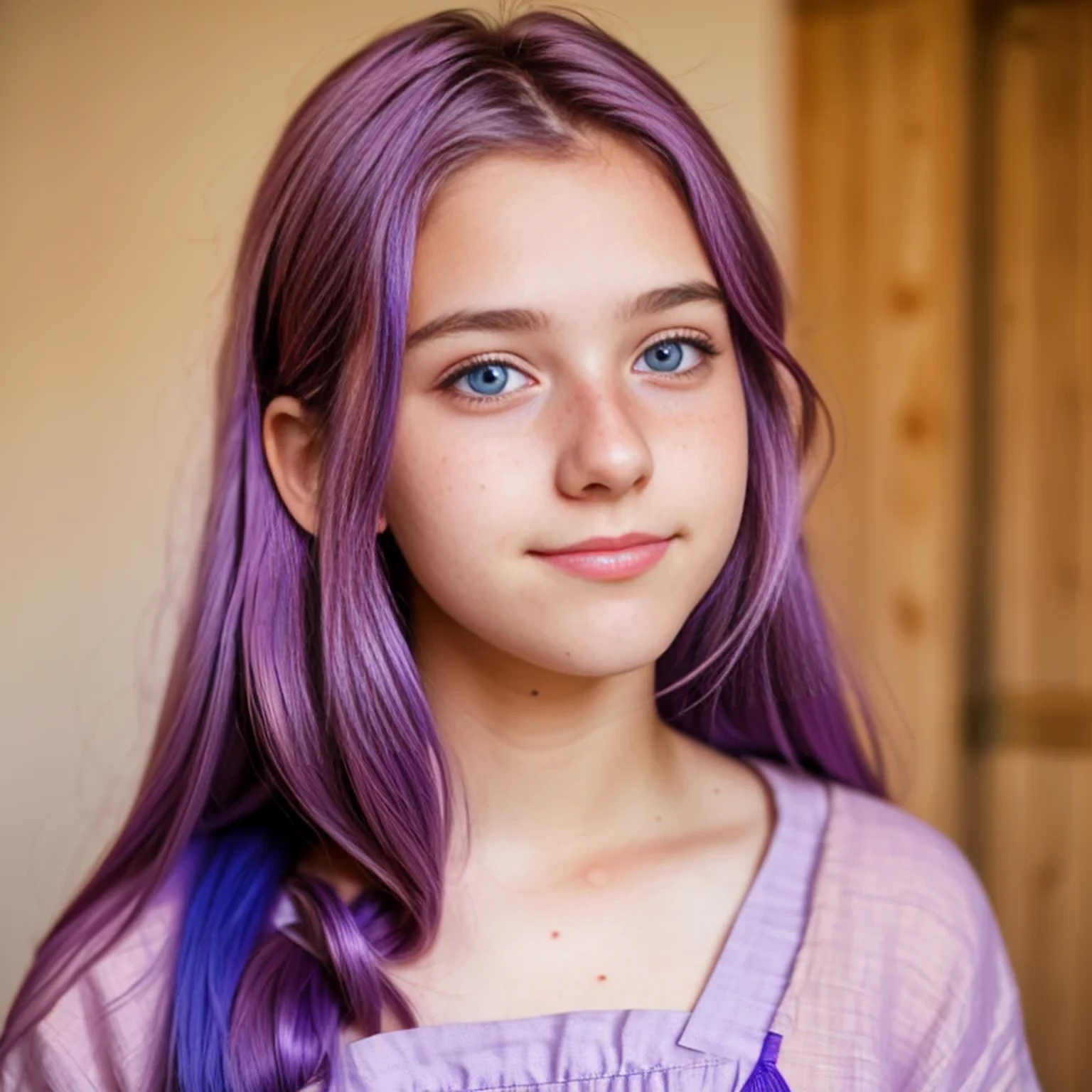 photo of a college student，************, in Purple Pink, Linen coarse cloth, (freckles:0.8) Blush，cute face, sci-fi, dystopian, detailed eyes, cobalt blue eyes（（Looking up））Shy，Wine Purple powder gradient hair