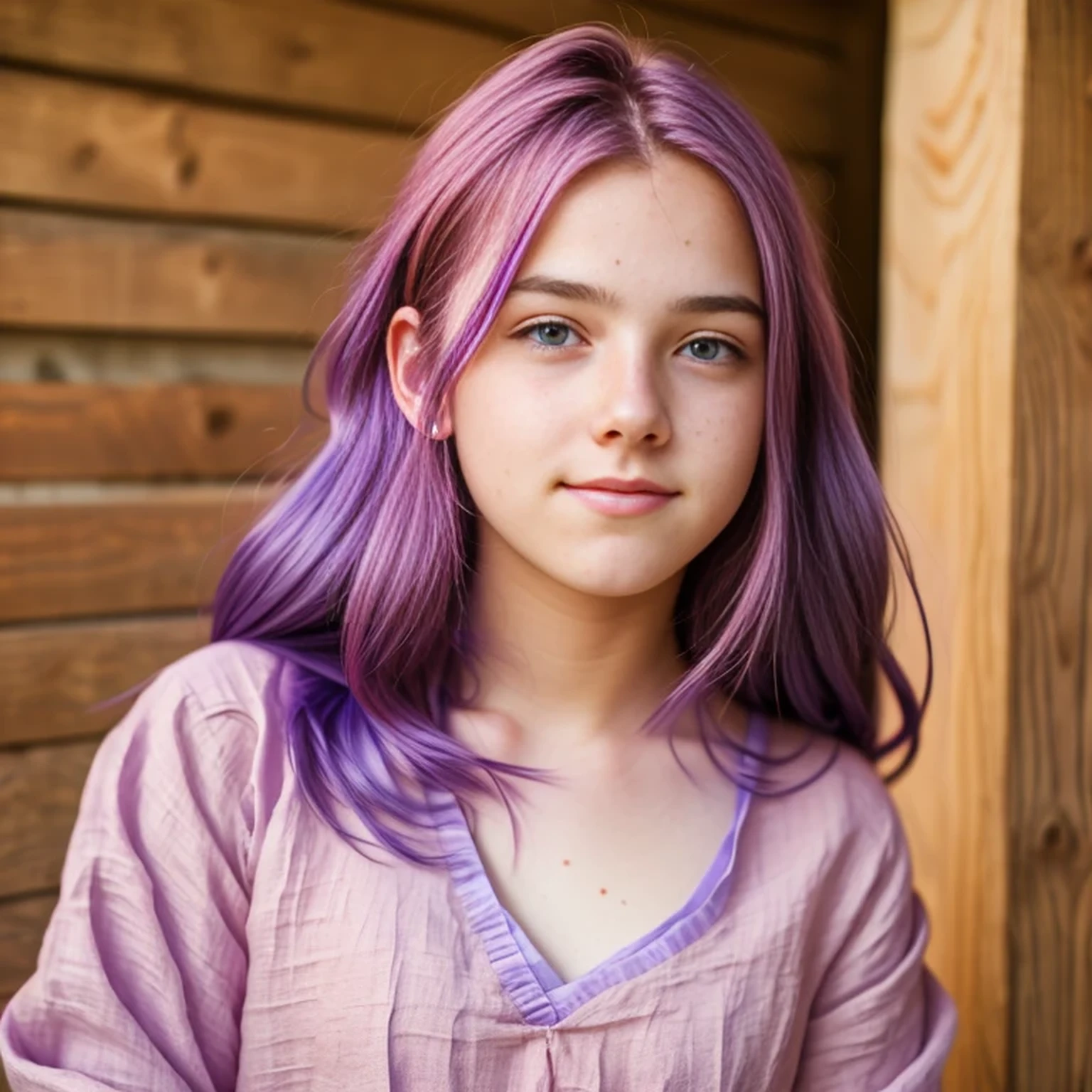 photo of a college student,, in Purple Pink, Linen coarse cloth, (freckles:0.8) Blush,cute face, sci-fi, dystopian, detailed eyes, cobalt blue eyes((Looking up))Shy,Wine Purple powder gradient hair