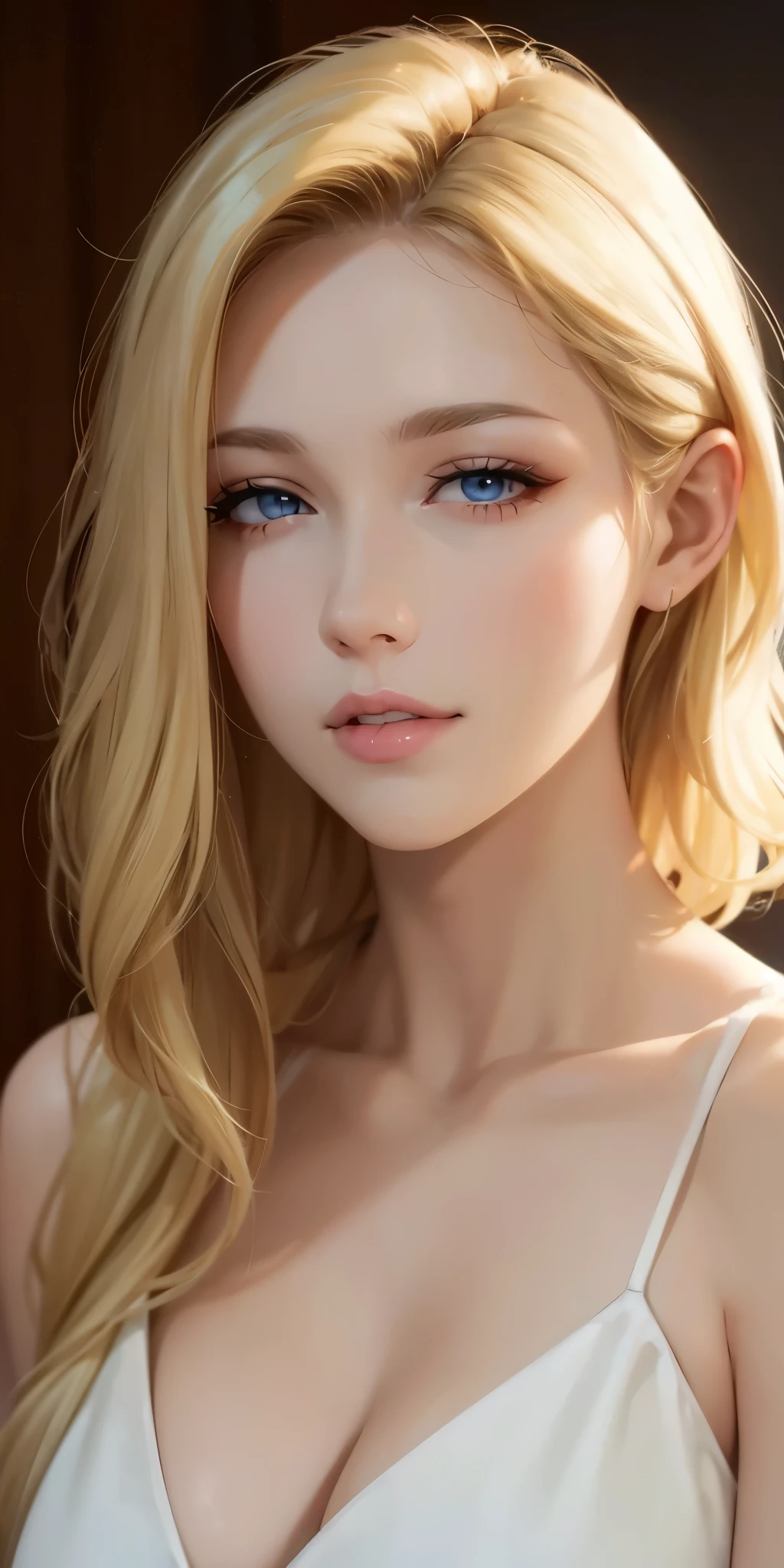 Elegant adult woman, long neck, blonde hair, short wavy hair, sleeveless clothes, cleavage, soft light, high quality, 4k resolution