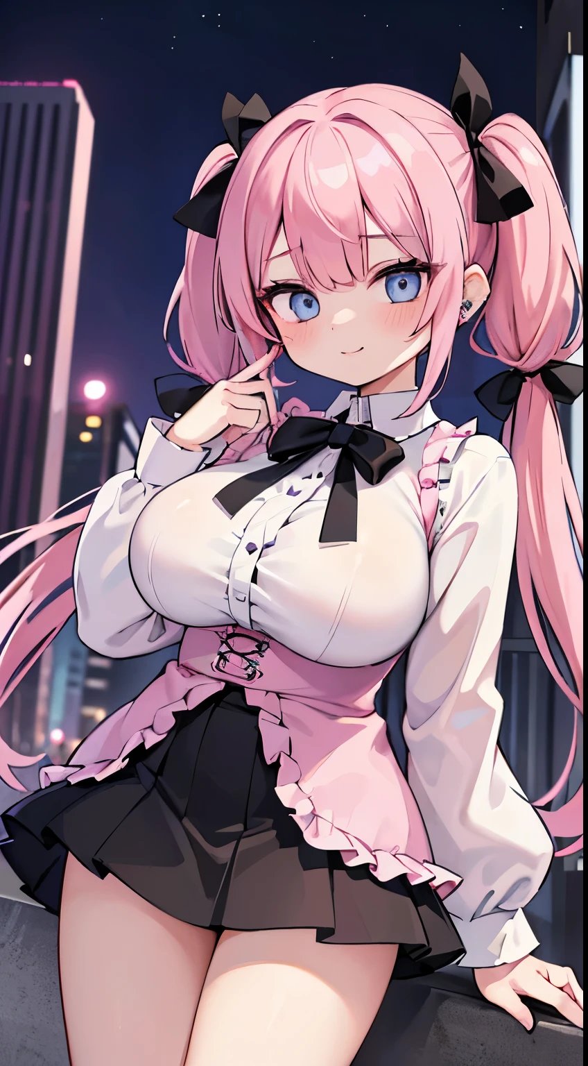 (masterpiece、top-quality、ultra-detailliert)、((1 girl))、((Pink hair twin tails))、light blue eyes、evilsmile、piercings、((very Bigger breasts))、jirai fashion、pink clothing、frilld、a black ribbon、Black miniskirt、cowboy shot、Downtown background at night