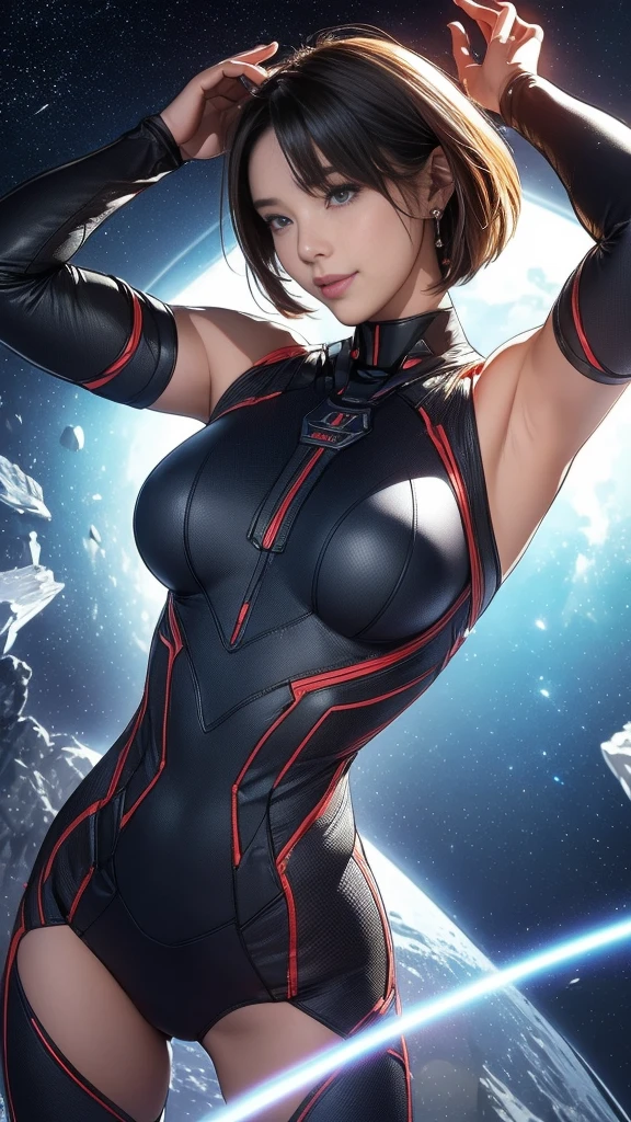 Best quality, 8K, vivid color, woman retro futurism, static pose, looking to observer, brown hair, long eyelashes, light brown shiny leotard, cleavage, metalic details, light orange pantyhose, neutral sci-fi scenario