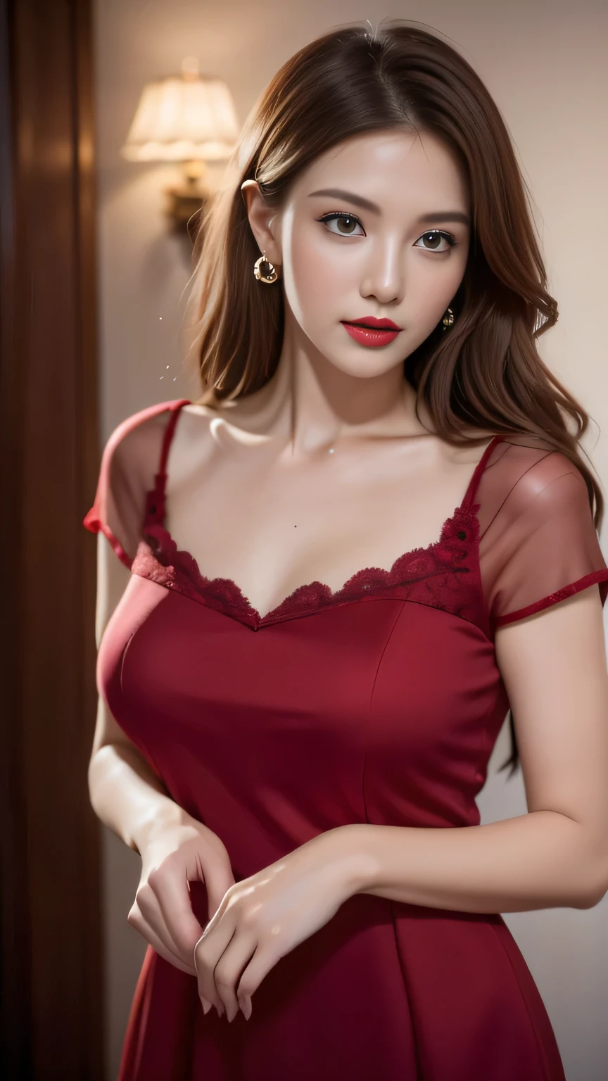 (1girls:1.4), 18 years old young japanese girl, Amazing face and eyes, Smile, energy, vitality, (Red Camisole, red Lace panties and Bra:1.2), (Camisole with open chest:1.4), (Best Quality:1.4), extremely detailed CG unified 8k wallpaper, Highly detailed, High-definition raw color photos, professional photograpy, Realistic portrait, (Bedroom), straddle, floral pink wallpaper, sexy portrait of girl, sense of freedom, wearing a lace red bra and panties, wearing santa red jacket, Exposure, christmas tree, christmas ornaments,