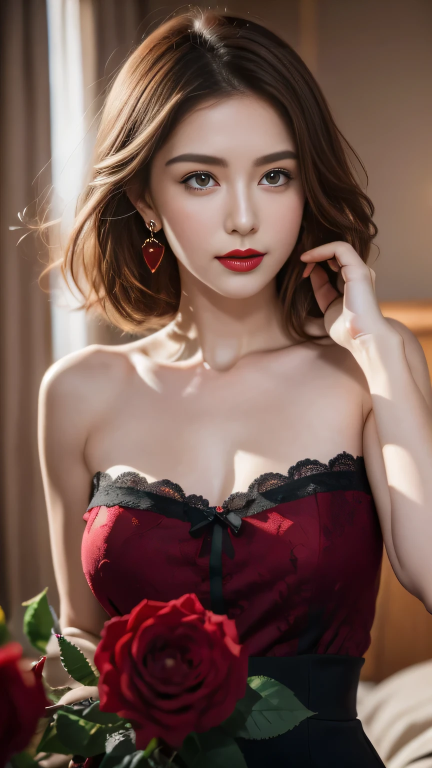 A beautiful attractive young woman with short red hair in burgundy red high cut high neck lace bodysuit top, beautiful breasts, c cup breasts, natural light ,medium long body shot , luxurious hotel lounge background