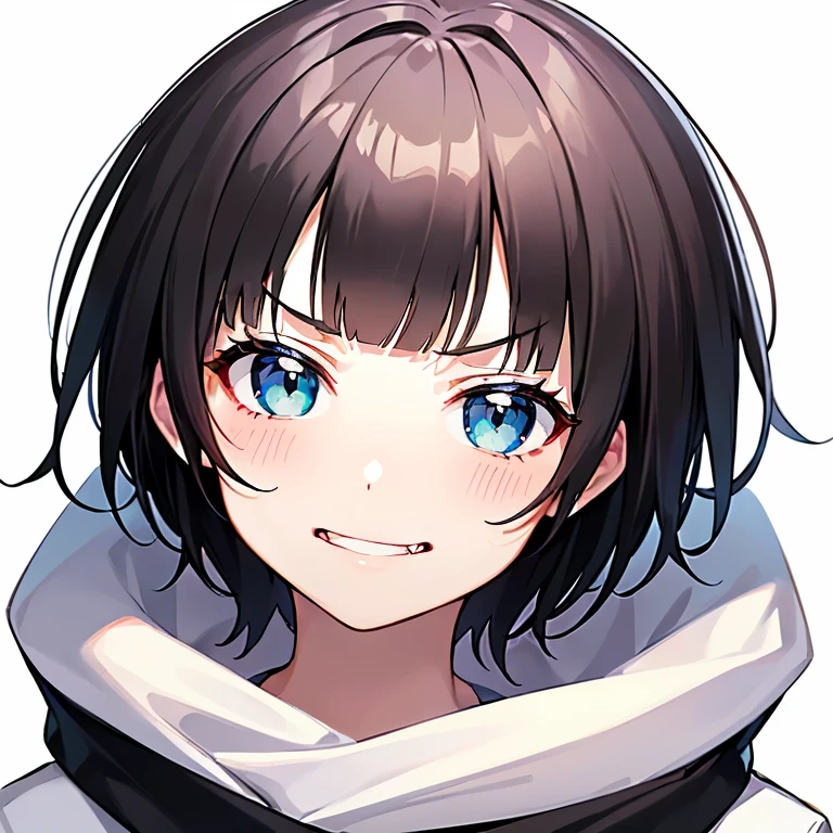 ((1 beautiful girl)), ((solo:1.3)),((blunt bangs)),((black hair)),((Blue eyes)), ((shoulder length hair:1.2,short hair)),************, ((white background:1.3)),((See here)),((head shot)), BREAK (doyagao, smug:1.3), 