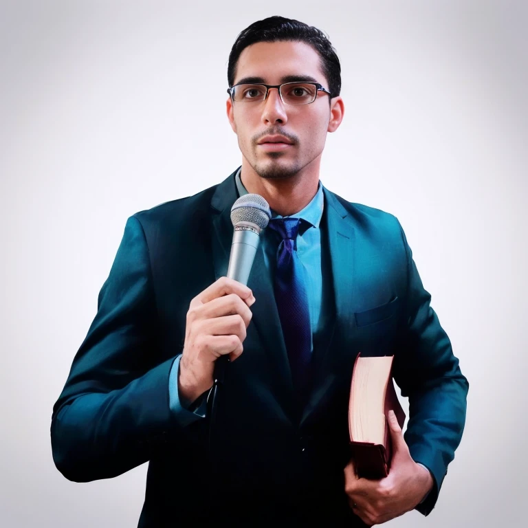 Man in a suit holding a microphone and the Bible, sem barba no rosto, david rios ferreira, Pete Morbacher, by Jesús Mari Lazkano, by Alexander Obregón, Ignatius Fernandez Rios, Christian Orrillo, por Juan Carlos Stekelman, André Rios, Rafael Pessoa, Ignatius Fernandez Rios
