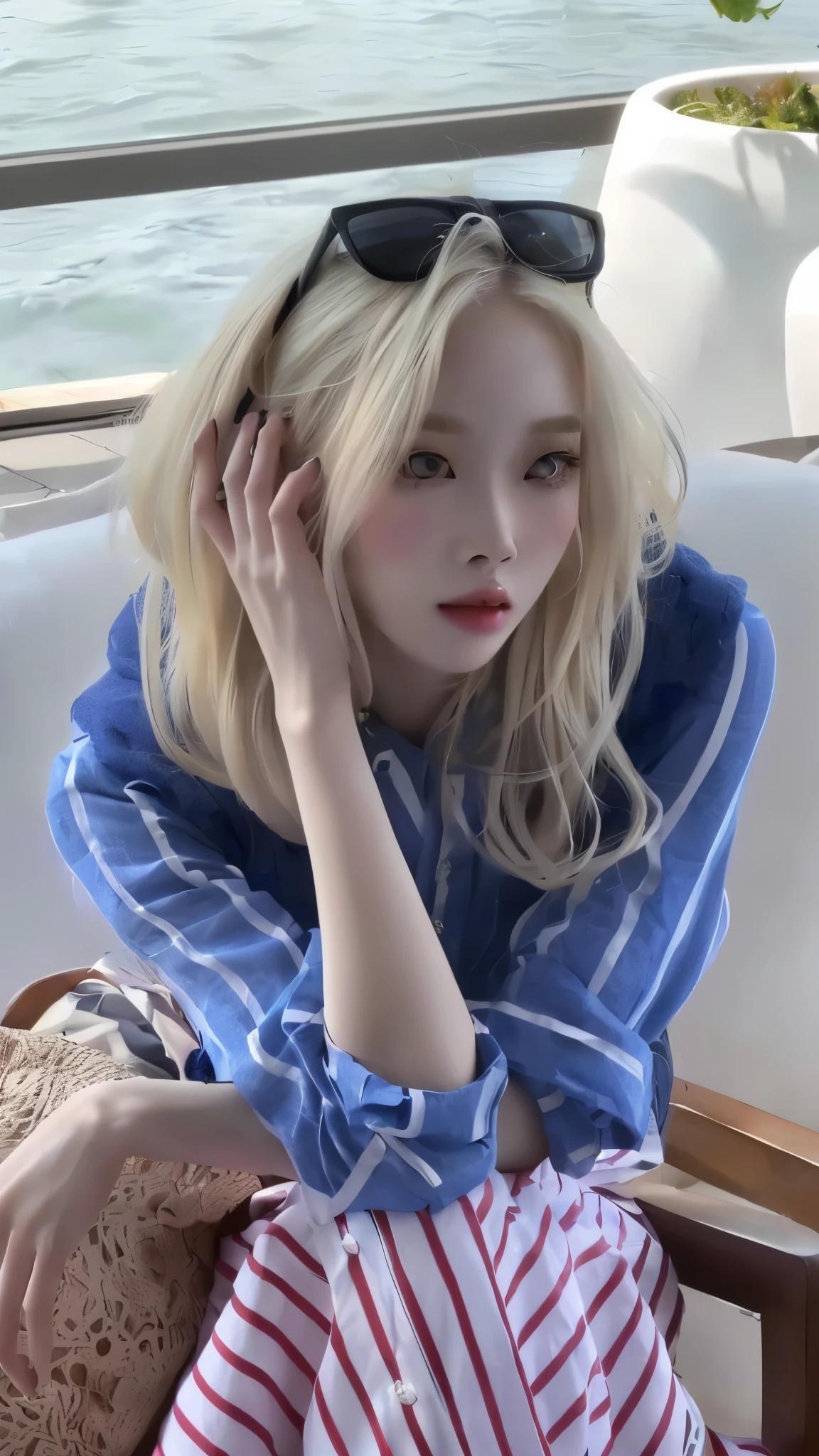 blonde woman sitting on a couch with a hat and sunglasses on, sun yunjoo, pale fair skin!!, with white long hair, jia, leaked image, jinyoung shin, pale porcelain white skin, ulzzang, with long white hair, ava max, with long blond hair, roseanne park of blackpink, heonhwa choe, kim doyoung