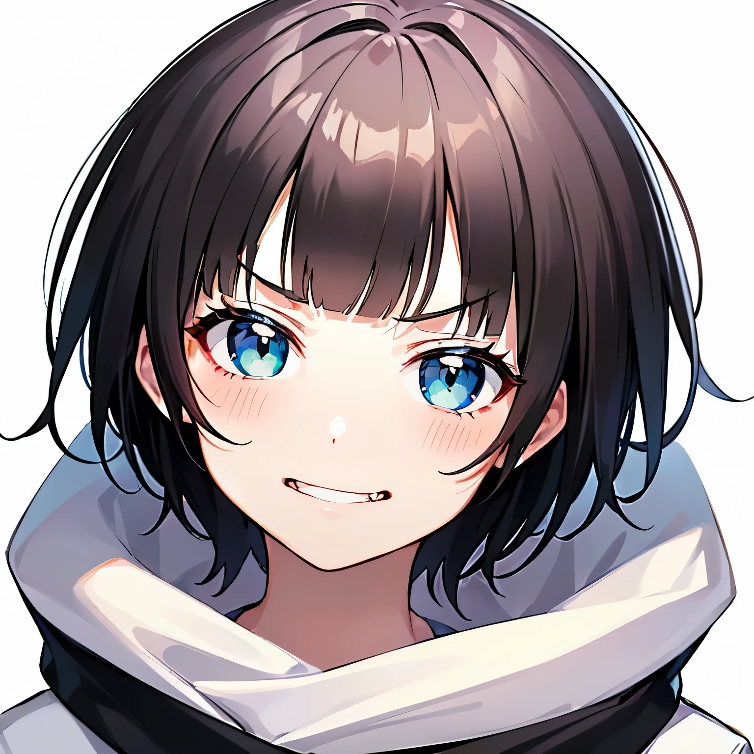 ((1 beautiful girl)), ((solo:1.3)),((blunt bangs)),((black hair)),((Blue eyes)), ((shoulder length hair:1.2,short hair)),************, ((white background:1.3)),((See here)),((head shot)), BREAK (doyagao, smug:1.3), 