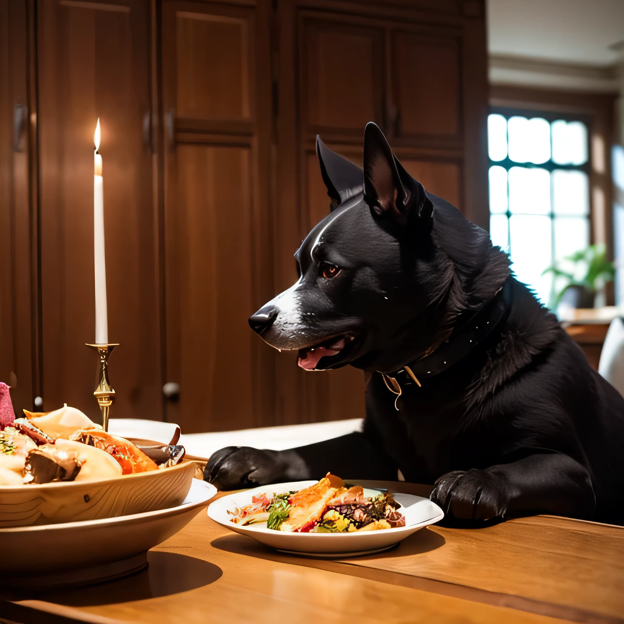 A feast for the eyes,sumptuous dining table,A pet dog eats wantonly