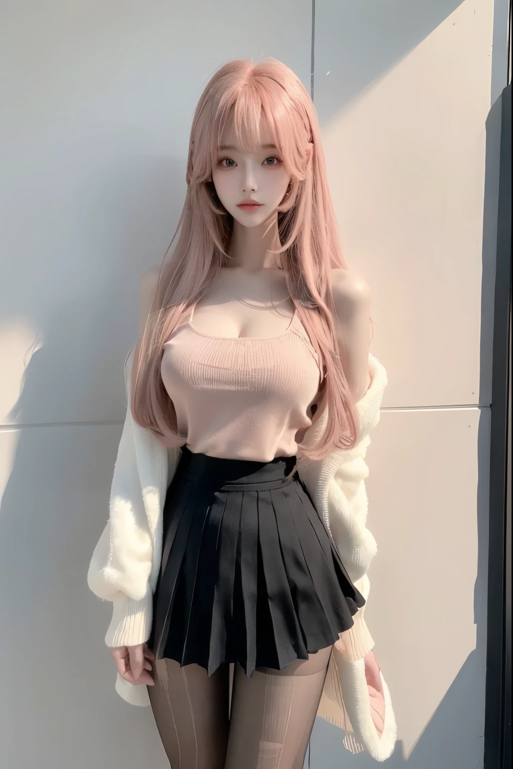 Beautiful woman with perfect body：1.4，Layered Hairstyle，Prominent cleavage，Highly detailed face and skin textures，Double eyelids，Skin Whitening，Long hair，Whitened long legs，Pink hair，（Black coat，Pleated Skirt，Black pantyhose）Standing on the sports field