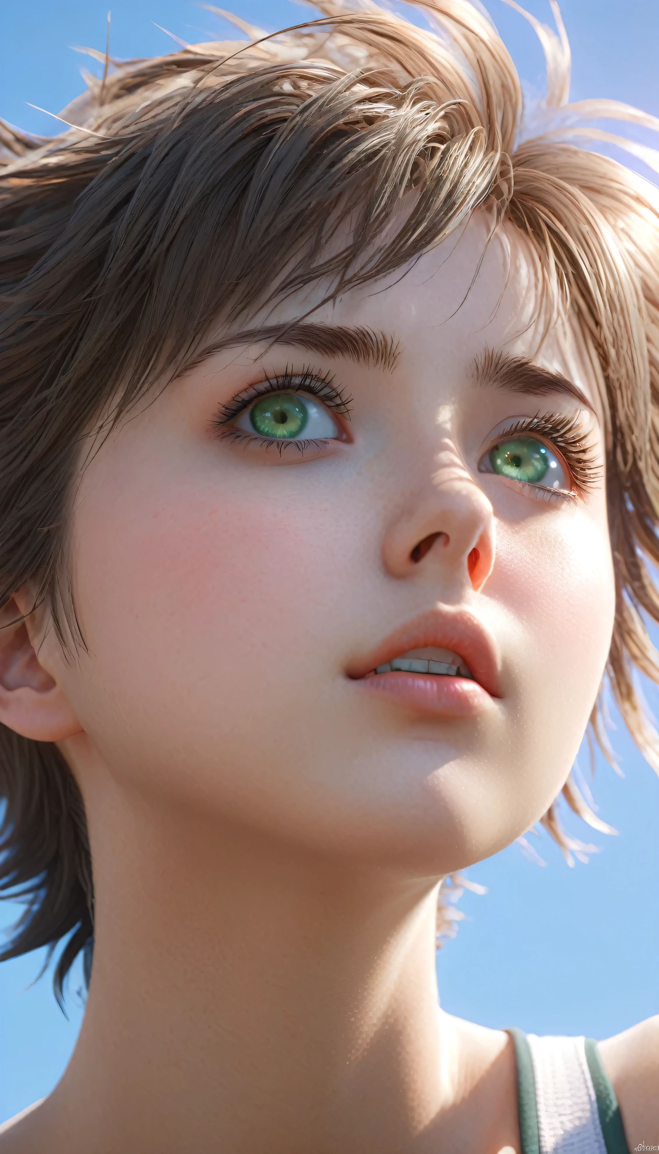 a close up of a person with green eyes, cgsociety ), daytime ethereal anime, killua zoldyck, insanely realistic, 3dcoat h 648, beautiful insanely detailed, intense sunlight, inspired by Margaret Keane, looking up into the sky, hyperrealistic teen, by Shitao, anime illustrated