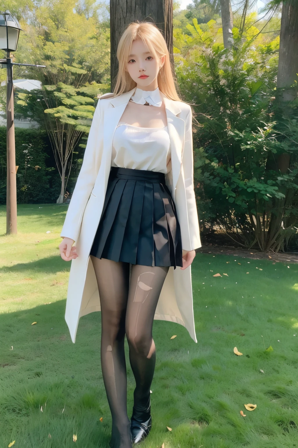 Beautiful woman with perfect body：1.4，Layered Hairstyle，Prominent cleavage，Highly detailed face and skin textures，Double eyelids，Skin Whitening，Long hair，Whitened long legs，blond，（Black coat，Pleated Skirt，Black pantyhose）Standing on the grass