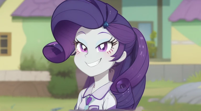 a close up of a cartoon pony with purple hair, purple eyes and white dress, her hair is tied in a ponytail, She has purple hair, nefarious smile, windy mane, equestria, anthropomorphic mare, she has two tails horse, giddy smile, proud smile, arrogant smile, a purple and white dress uniform, Rarity, Equestrian girls
