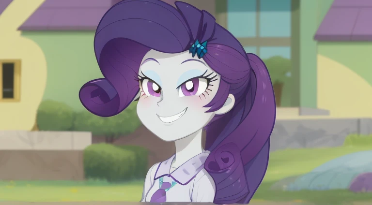 a close up of a cartoon pony with purple hair, purple eyes and white dress, her hair is tied in a ponytail, She has purple hair, nefarious smile, windy mane, equestria, anthropomorphic mare, she has two tails horse, giddy smile, proud smile, arrogant smile, a purple and white dress uniform, Rarity, Equestrian girls