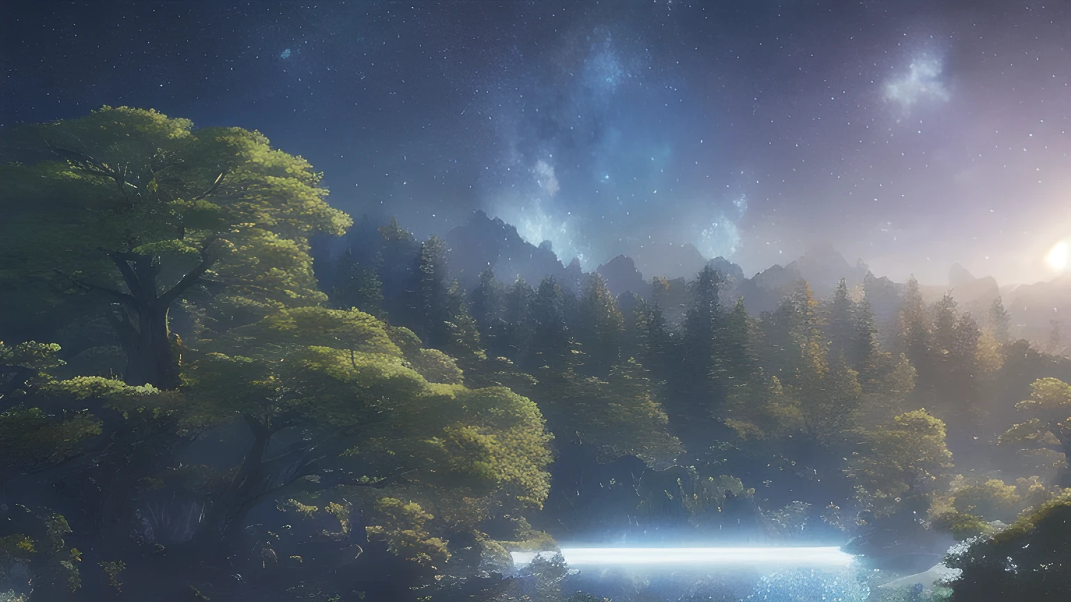 Illustration of a hyperrealistic , otherworldly, ultrasky scene featuring a giant crystal tree full body,very detailed and magical lighting, intricate forest details, vegetation and river around, solarpunk ,landscape, giant tree, beatifull leafy with beautiful lighting and realistic proportions, as if it were a cinematic background, 8k, highest quality, masterpiece, clouds and stars in the sky.
