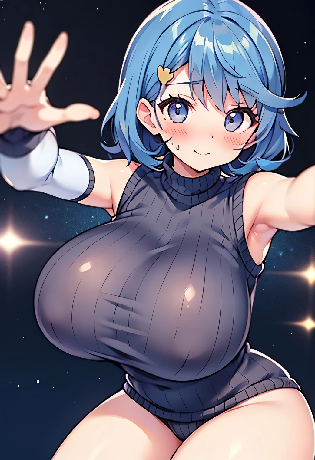 Anime illustration、highest quality、Voluptuous gravure idol、Perfect proportions、No sleeve、White knitted turtleneck sweater、Overwhelmingly large breasts、Very thick legs、Beautiful, shining eyes、Blushing、smile、Cowboy Shot、Stuffy armpits