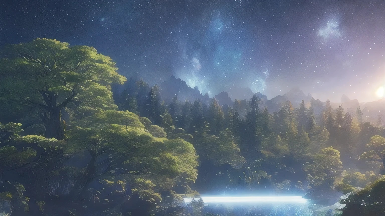 Illustration of a hyperrealistic , otherworldly, ultrasky scene featuring a giant crystal tree full body,very detailed and magical lighting, intricate forest details, vegetation and river around, solarpunk ,landscape, giant tree, beatifull leafy with beautiful lighting and realistic proportions, as if it were a cinematic background, 8k, highest quality, masterpiece, clouds and stars in the sky.