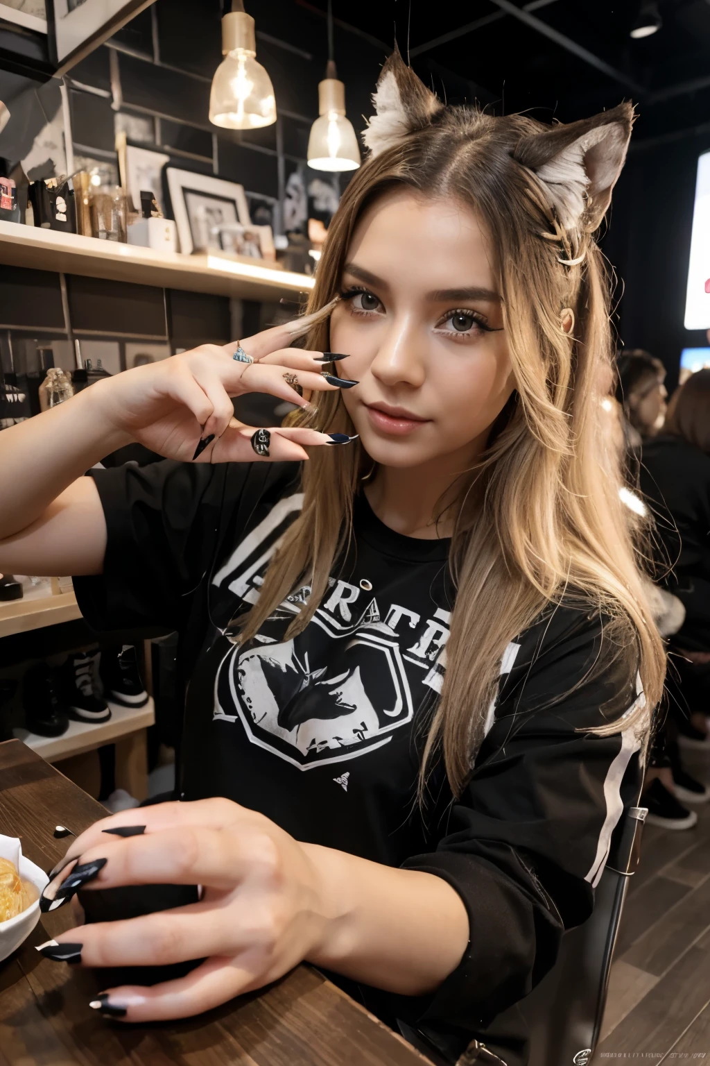 A European and American girl,Nail Art, painted nails,Wearing wolf tooth nails on hands, Long nails,单手在脸前面展示Nail Art