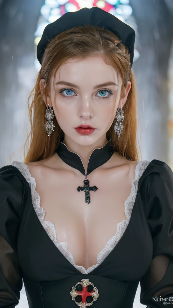 1 miniature Beautiful beautiful woman - Yuan Sayuki, ((top quality, 8K, Masterpiece:1.retty woman, 1 woman, huge breasts:1.3, a slim body:1.1, lush GINGER long hair with 2 buns, (shower, wet body, wet clothes:1.1), very detailed face, detailed lips, detailed eyes, double eyelids, Detailed blue eyes, чрезвычайно Detailed Outstanding Blue Eyes, long GINGER wet hair, GINGER wet hair, Detailed Outstanding Blue Eyes, innocent look at the viewer, very wet wavy RED hair, Detailed Outstanding Blue Eyes, huge cross earrings, Outdoors, badges behind, gothic maid uniform,  sexy maid dress, bare chest, huge chest tattoo, detailed huge catholic cross earrings, chest tattoo, Outside, wear a silver cross (Detailed cross shape), reality mode, wet breasts, black necklace, human crowd behind, black latex gloves, hair of white RED colour, night time, red neon lights, demonic nun, nimbus (golden lighting ring above her head), angel, snowy weather, sexy pose, white lingerie, black maid dress, detailed flower wreath made of different colours, open chest, inside a church