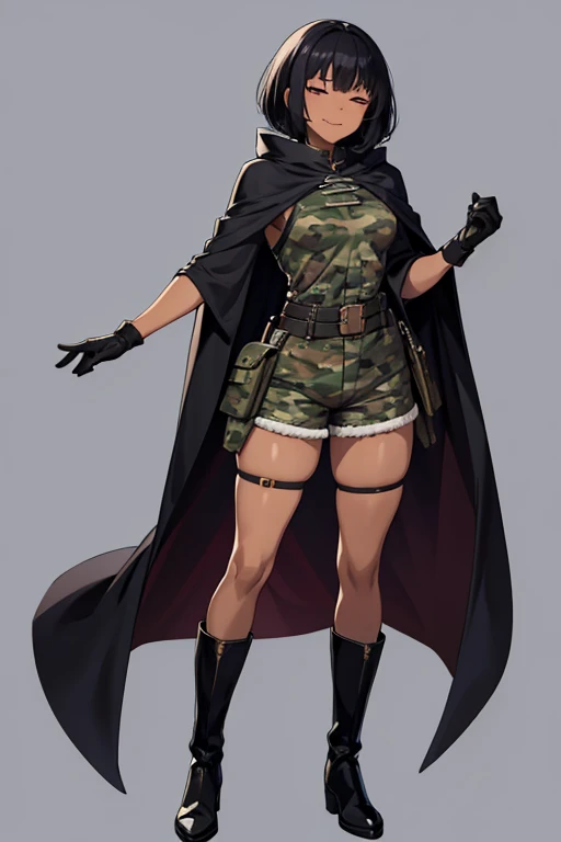 Anime Art、Full body portrait、Dungeons＆Killer of Dragons、A dark-skinned woman, standing upright, about 155 cm tall, around 45 years old, wearing a camouflage cloak and shirt and camouflage shorts、Curly Bob Black Hair、Both eyes closed、Laughing with mouth open、Flat chest、gloves、boots