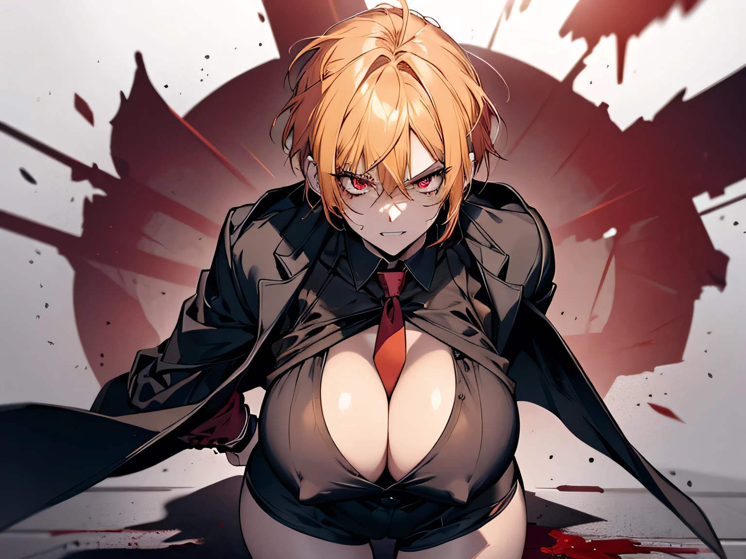 1 female, teacher, wearing a ripped black suit, ripped shirt, showing cleavage, light red tie, bootyshorts, Thicc, yellow hair, short hair, red eyes, face to detail, detailed eyes, the background is a dark kitchen, angry while showing her fangs, blood on the floor