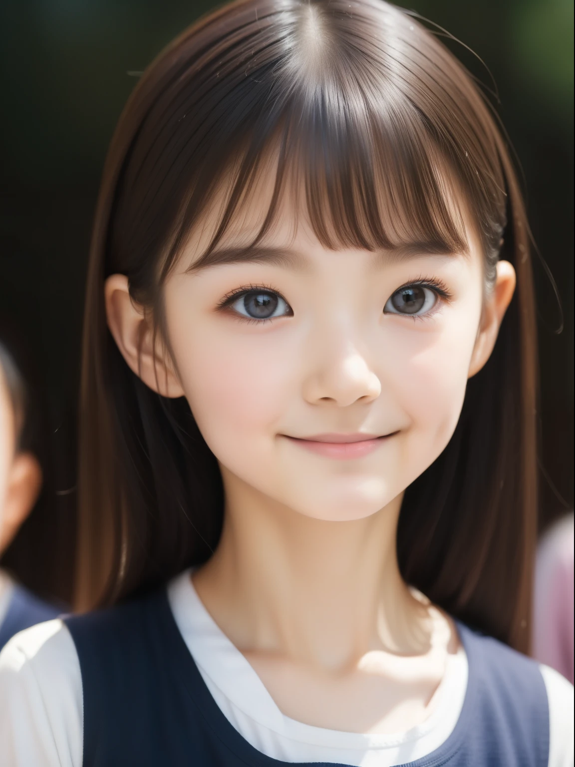 Neat and clean elementary school girl, people, (slim, small, flat, small), Black-haired, Realistic, detailed, detailedな肌の質感, 超detailed, Delicate clavicle, smile, 非常にdetailedな顔, detailedな唇, Fine grain, (12-year-old girl)、Delicate eyebrows、Short neck、Professional photography、(Staring at the audience)、Flare、(Unique beautiful girls)、30mm prime lens、I narrowed my eyes.、pores、Body hair, Close-up