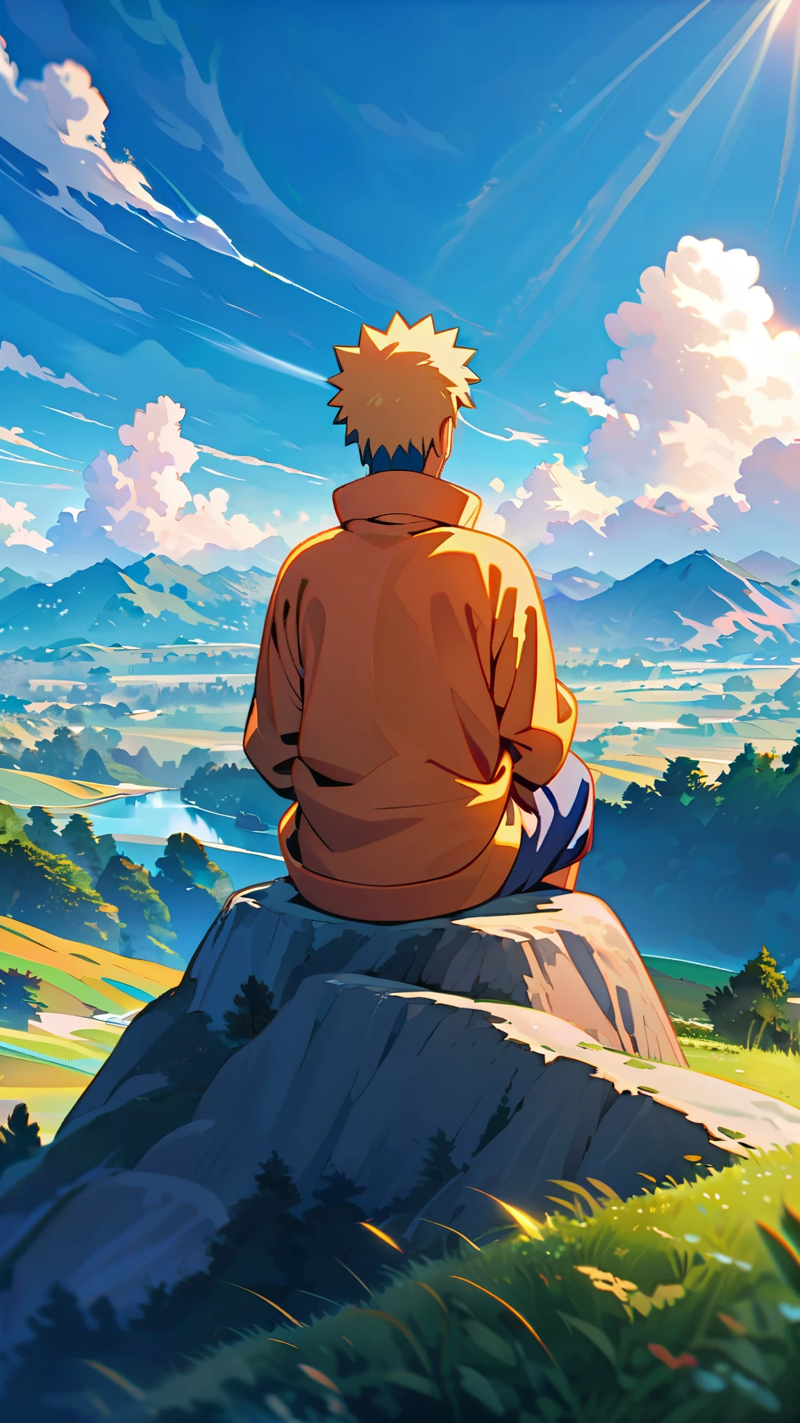 Generate an 8K AI image showcasing a young Naruto Uzumaki sitting watching mountains on a cliff in a picturesque landscape, blue sky, with a serene and peaceful atmosphere. The camera is positioned at a long distance, capturing Naruto's as he gazes out at the beauty around him. Surrounding Naruto is a tranquil scene of rolling hills, vibrant meadows, and clear blue skies dotted with fluffy clouds. The sunlight gently bathes the landscape, casting warm hues across the scene and creating a sense of calm and contentment. Ensure Naruto's expression reflects his youthful exuberance and joy, perfectly complementing the beauty of the peaceful background.
