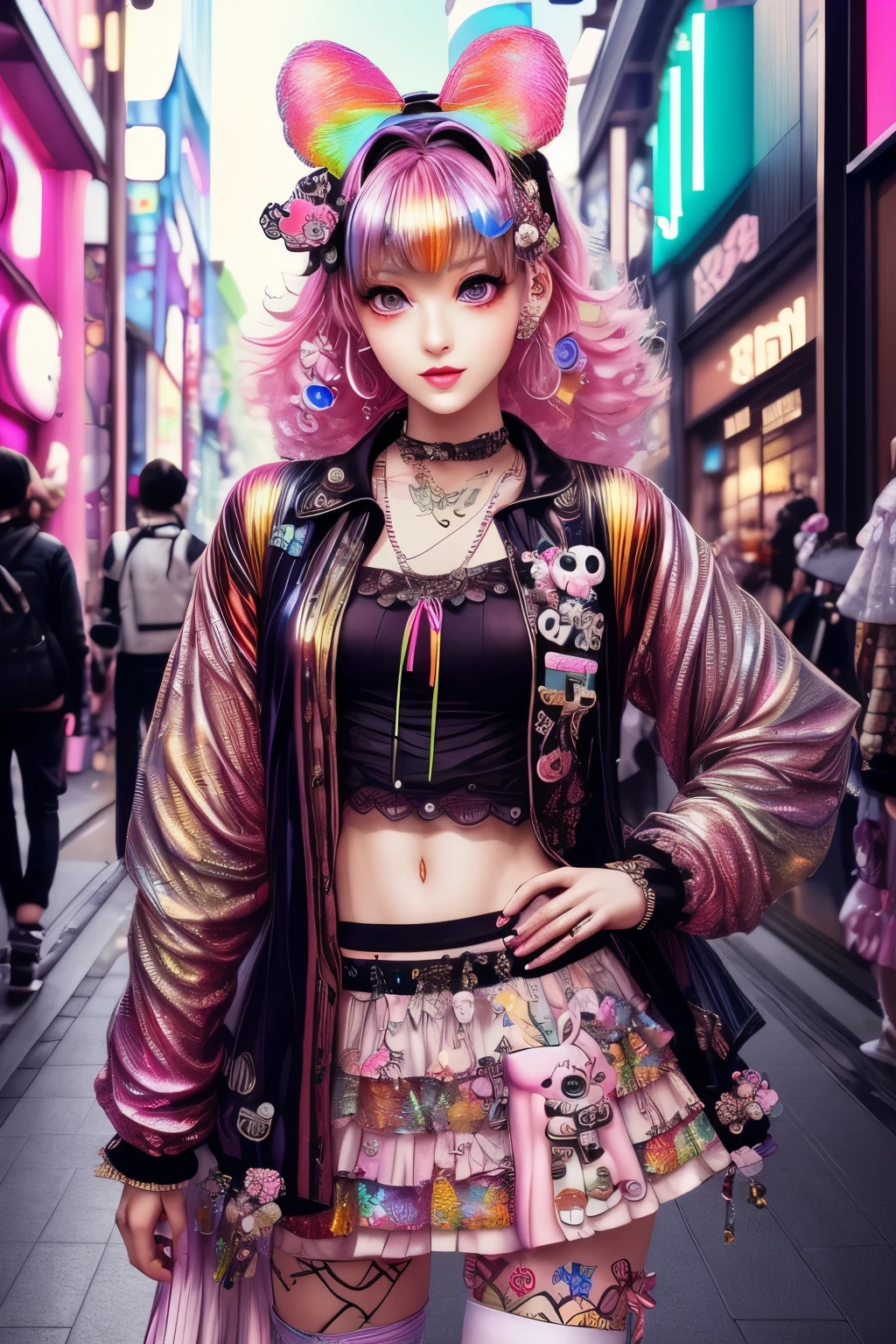 This is a colorful and ornate (masterpiece). Generate a trendy decora woman in the colorful and busy streets of Akihabara, Tokyo. Generate a lovely decora adult woman in the style of Olya Anufrieva on Artstation and Harajuku street fashion. Her clothes are vibrant in the Harajuku style. Include oversized accessories, neon colors, and inventive layering. The woman's clothes and accessories should be highly ornate in the ((((Harajuku decora)))) and decora kei style. The woman's hair is curly and glossy and styled cutely. The woman's clothes and accessories should be highly ornate in the Harajuku decora and decora kei style. Her eyes are important and stunning, with interesting coloring and patterns. ((((iridescence and shimmer)))), glitter, best eyes, best quality, cyberpunk kei, visual kei, selfie, bold colors and patterns, LED lights, ((glowing neon signs)), ((ultra detailed)), dynamic composition, (((decora)))