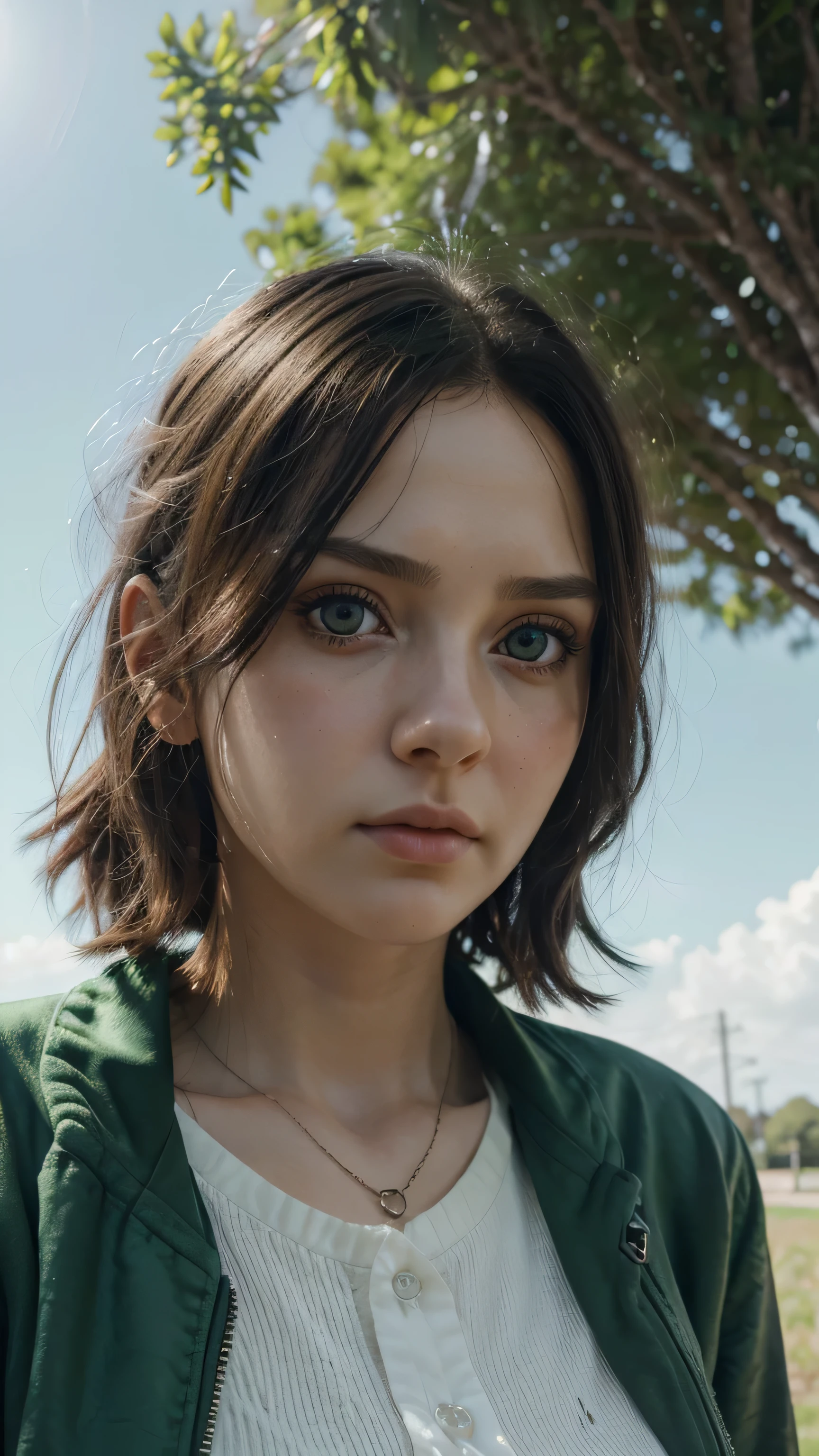 a close up of a person with green eyes, cgsociety ), killua zoldyck, insanely realistic, 3dcoat h 648, beautiful insanely detailed, intense sunlight, inspired by Margaret Keane, looking up into the sky, hyperrealistic teen, by Shitao,