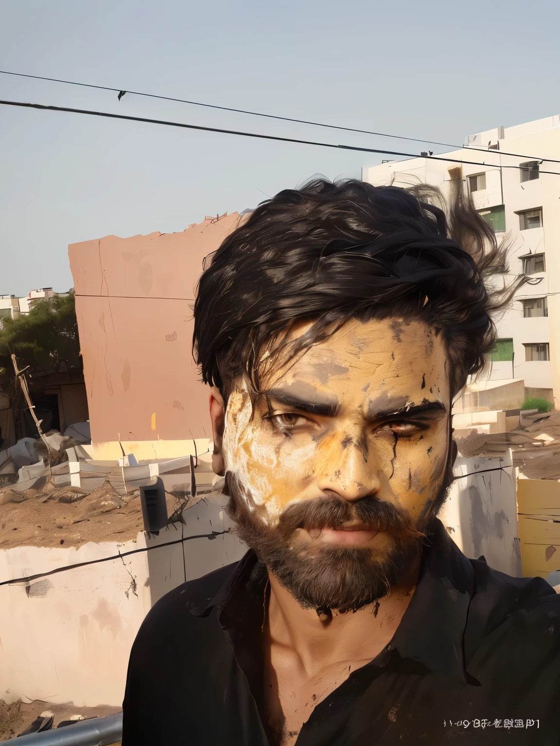 arafed man with a beard and a black shirt with a face paint, dirt on face, mud on face, face covered in dirt, with accurate face, dirty face, a man wearing golden mask, 8k selfie photograph, covered with tar. dslr, wearing wooden mask, face picture, ugly appearance, rugged textured face, stubble on his face