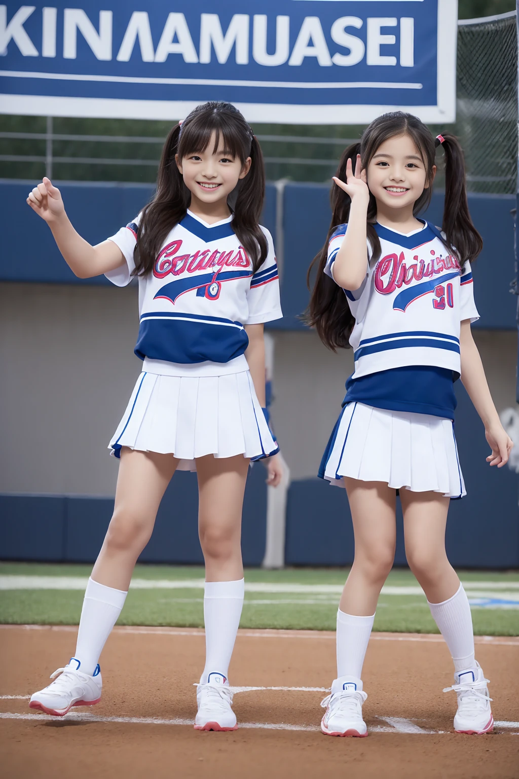 (super high quality、8k、Masseter film、exquisite illustrations、Full Body Esbian)、Two very cute Japanese girls around 、 Body Type, (Cheerleader Girls 1.3)、A bright smile、Cheerleading girl cheering with legs raised、Baseball field