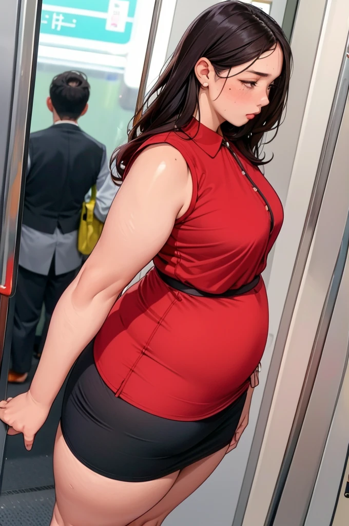 (dark madder red blouse,sleeveless,arms-baring:1.3),sideshot,from behind,sexy undies,(lifted skirt),(thick arms:1.2),(other's hands on her ass:1.3),sweaty,single mole on cheek,black hair,voluminous hair,unkempt hair,plump body,tall woman, (blushed and suffering:1.2),27 years old,(fair skin:1.3),(cute eyes,tareme),plump oval face,light makeup,standing in train,leaning on train door,,skirt lifted,