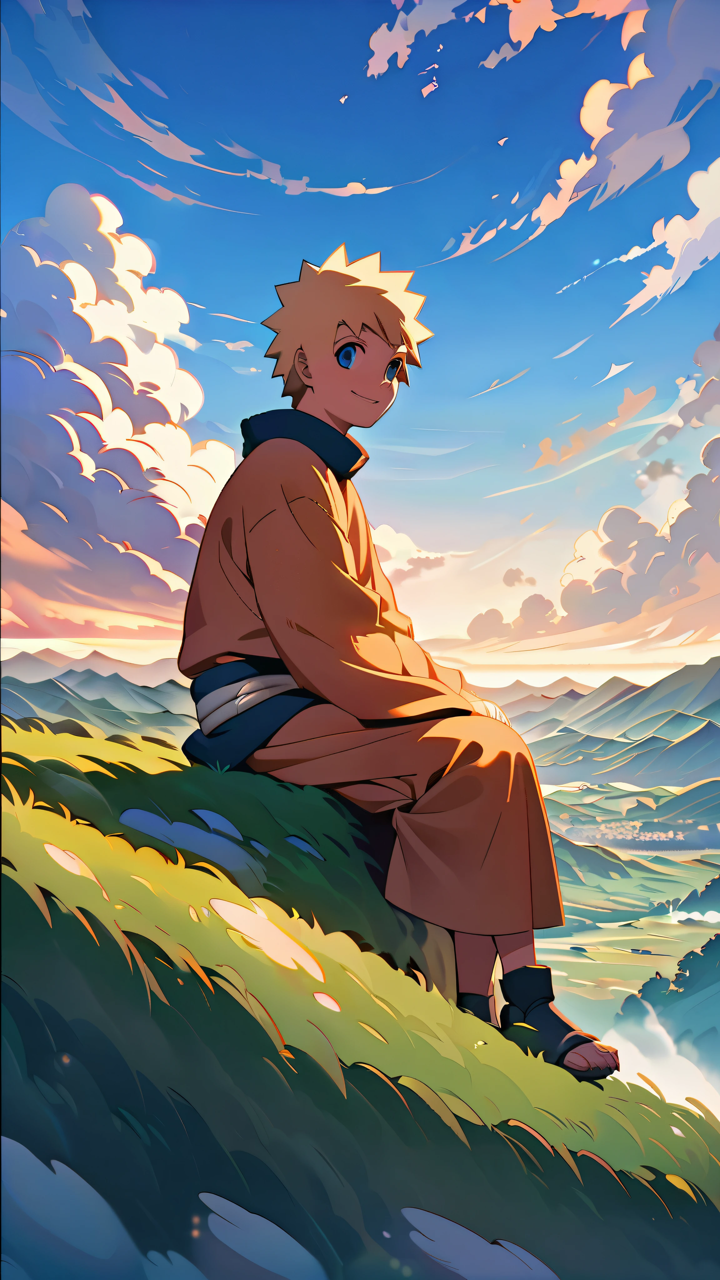 Generate an 8K AI image showcasing a young Naruto Uzumaki sitting watching mountains on a cliff in a picturesque landscape, with a serene and peaceful atmosphere. The camera is positioned at a long distance, capturing Naruto's smiling face as he gazes out at the beauty around him. Surrounding Naruto is a tranquil scene of rolling hills, vibrant meadows, and clear blue skies dotted with fluffy clouds. The sunlight gently bathes the landscape, casting warm hues across the scene and creating a sense of calm and contentment. Ensure Naruto's expression reflects his youthful exuberance and joy, perfectly complementing the beauty of the peaceful background.